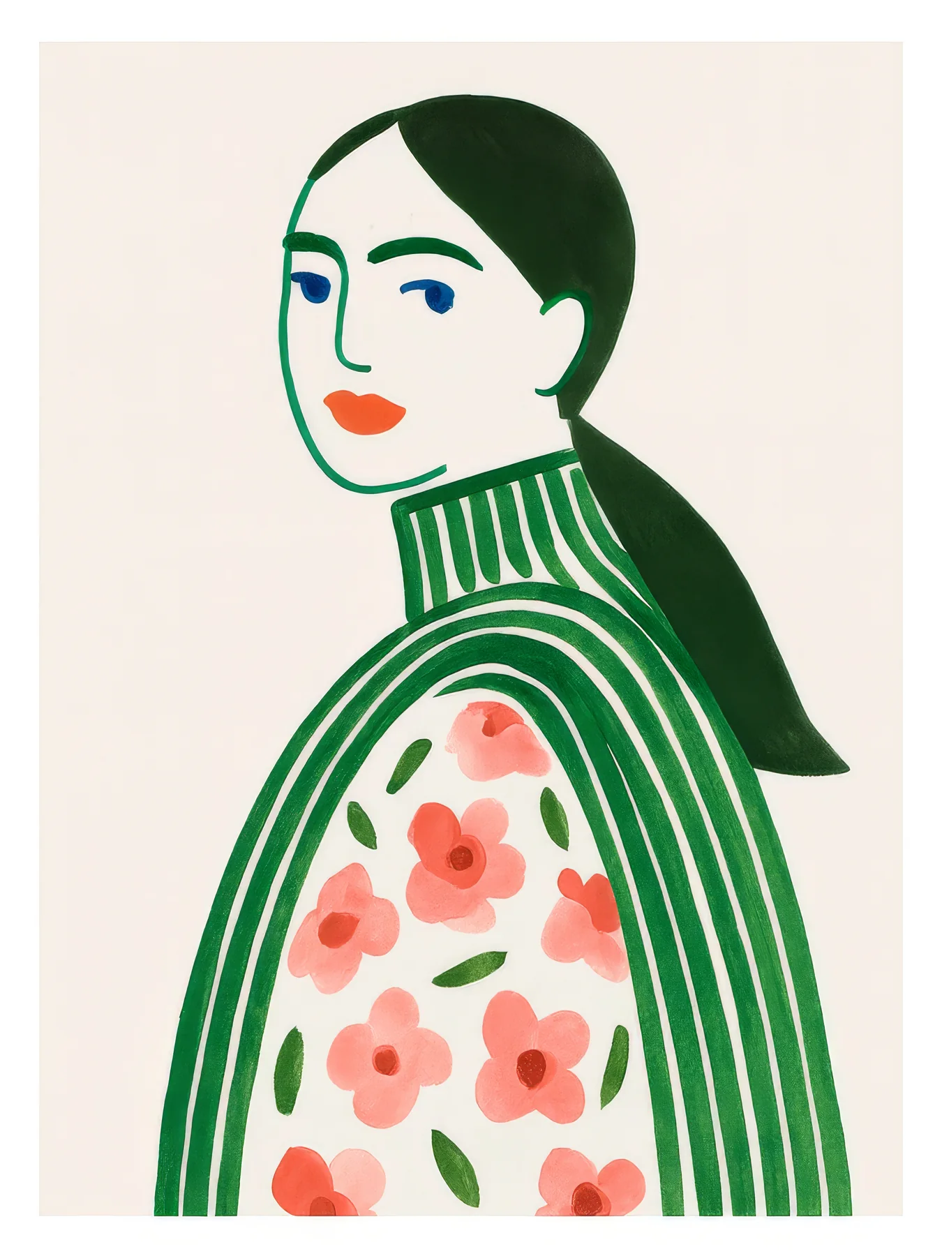 Onlly poster, Woman in a Green Floral Sweater: A seated woman wears a green striped sweater scattered with pink flowers.
