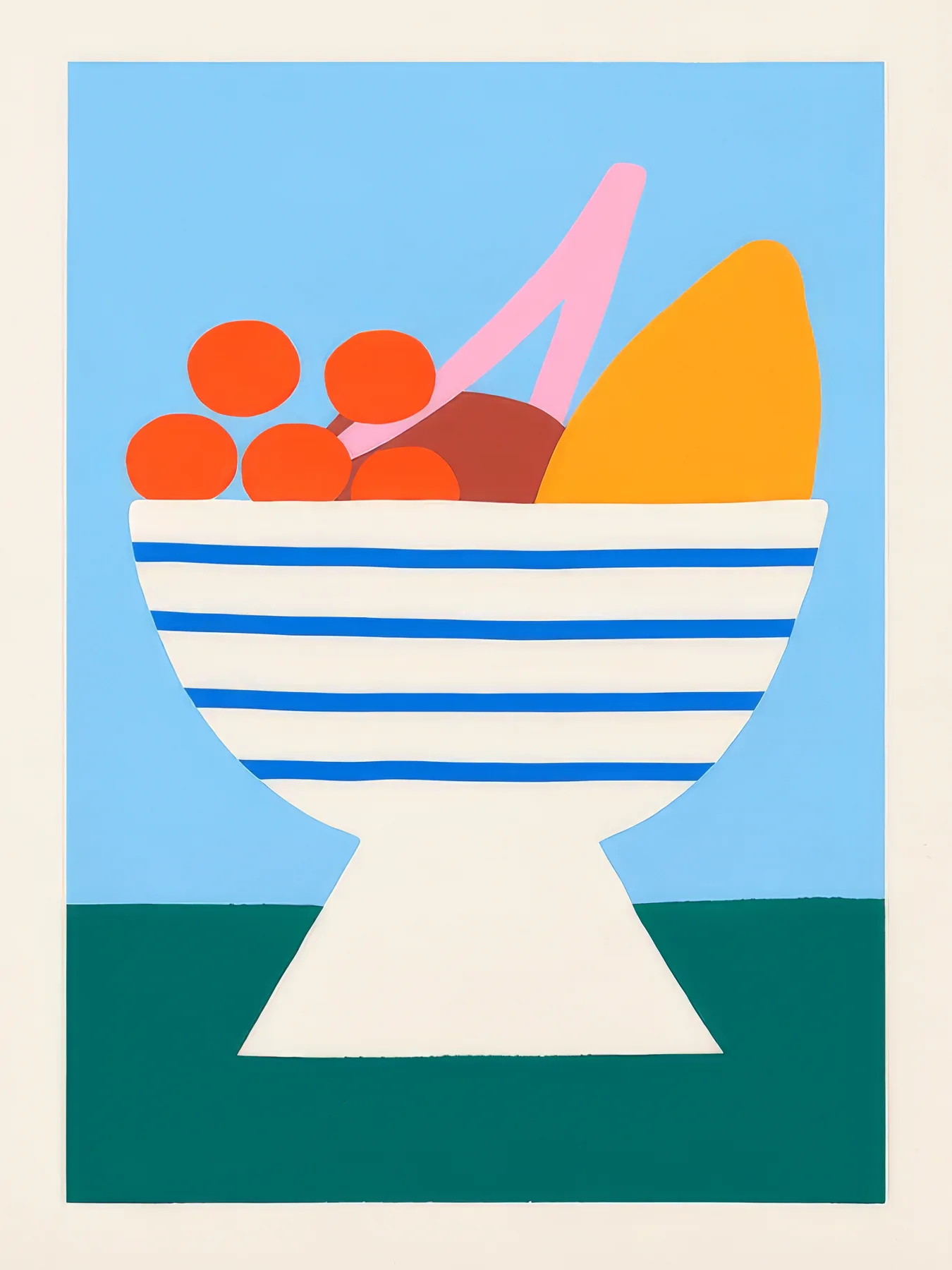 Onlly poster, Fruit Bowl on Teal: A white-and-blue striped bowl filled with orange fruit sits against teal and cream blocks.
