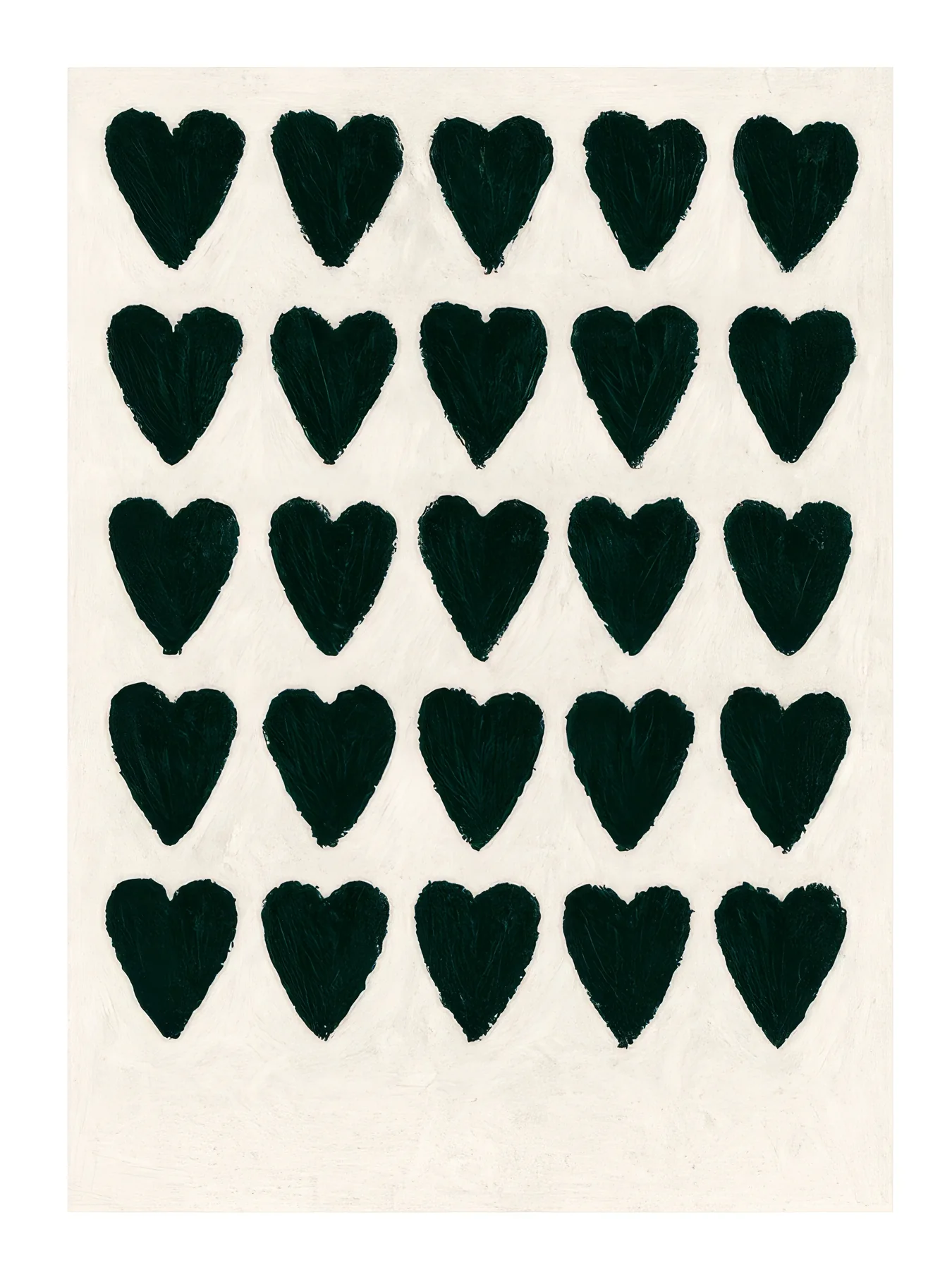 Onlly poster, Rows of Green Hearts: Dark green hearts repeat in even rows on a warm ivory ground.