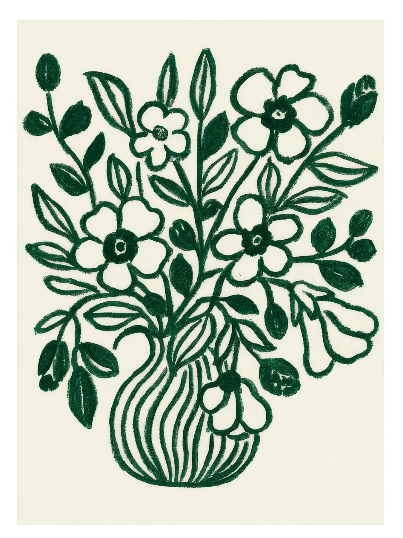 Onlly poster, Botanical Bouquet in Green: A full arrangement of dark green leaves and small white flowers fills a simple vase.