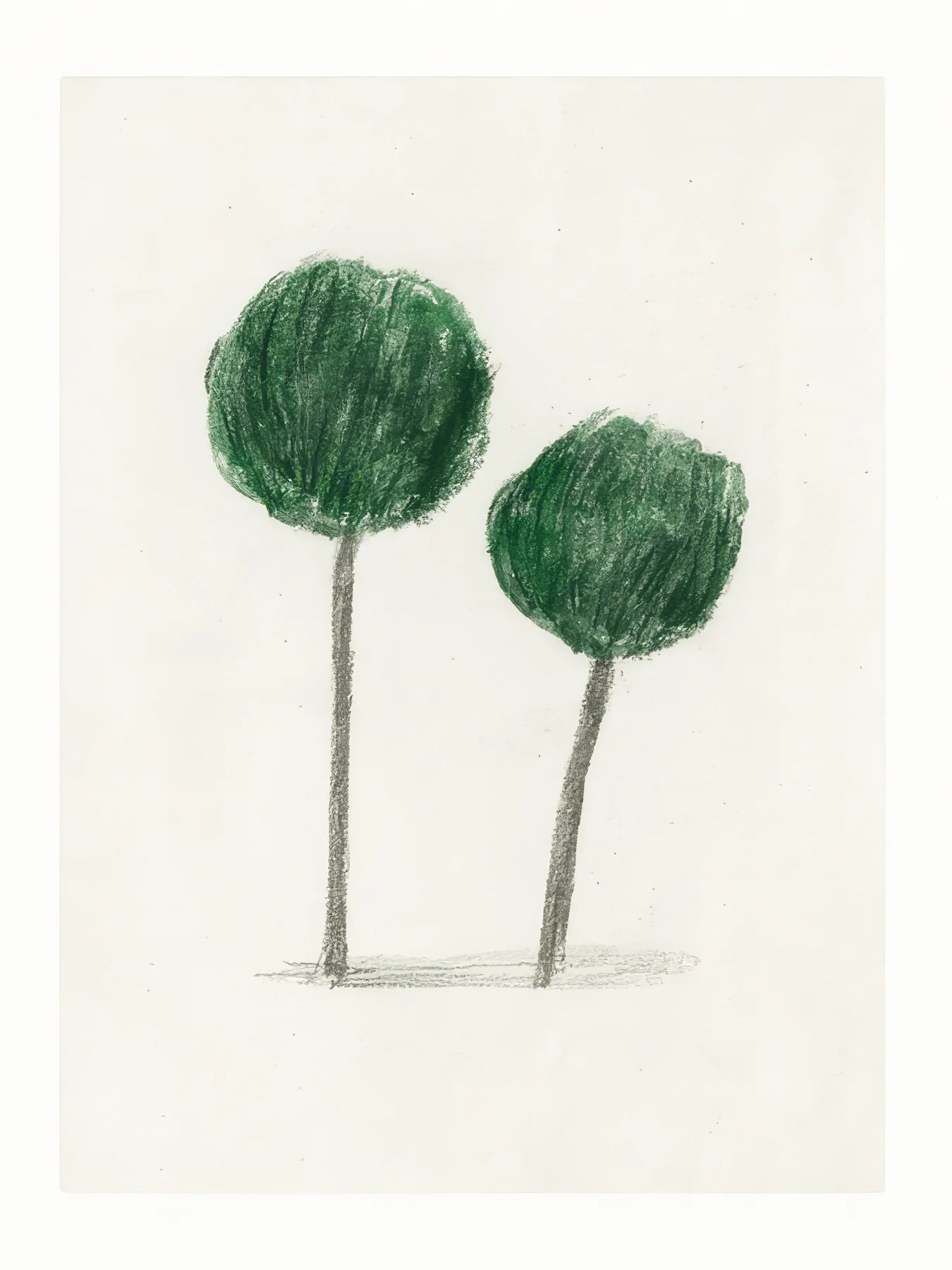 Onlly poster, Two Round-Topped Trees: Two slim trees with green rounded crowns stand on a pale ground.