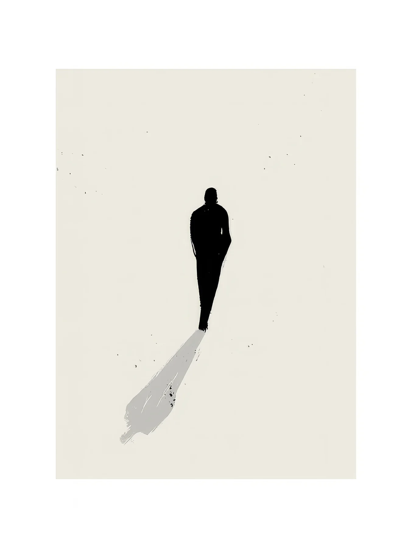 Onlly poster, Lone Figure with a Long Shadow: A tiny dark figure and long grey shadow cross a pale open space.