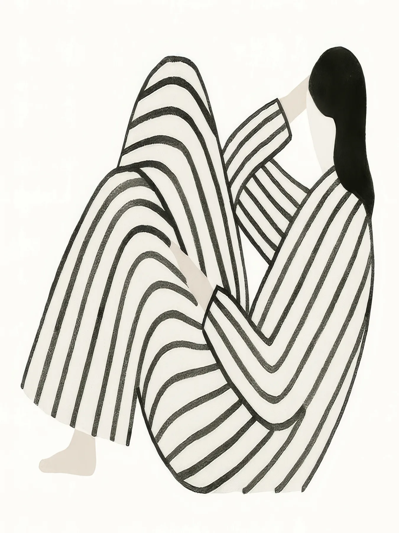 Onlly poster, Woman in Flowing Black Lines: A seated figure is described with flowing black and cream parallel lines.