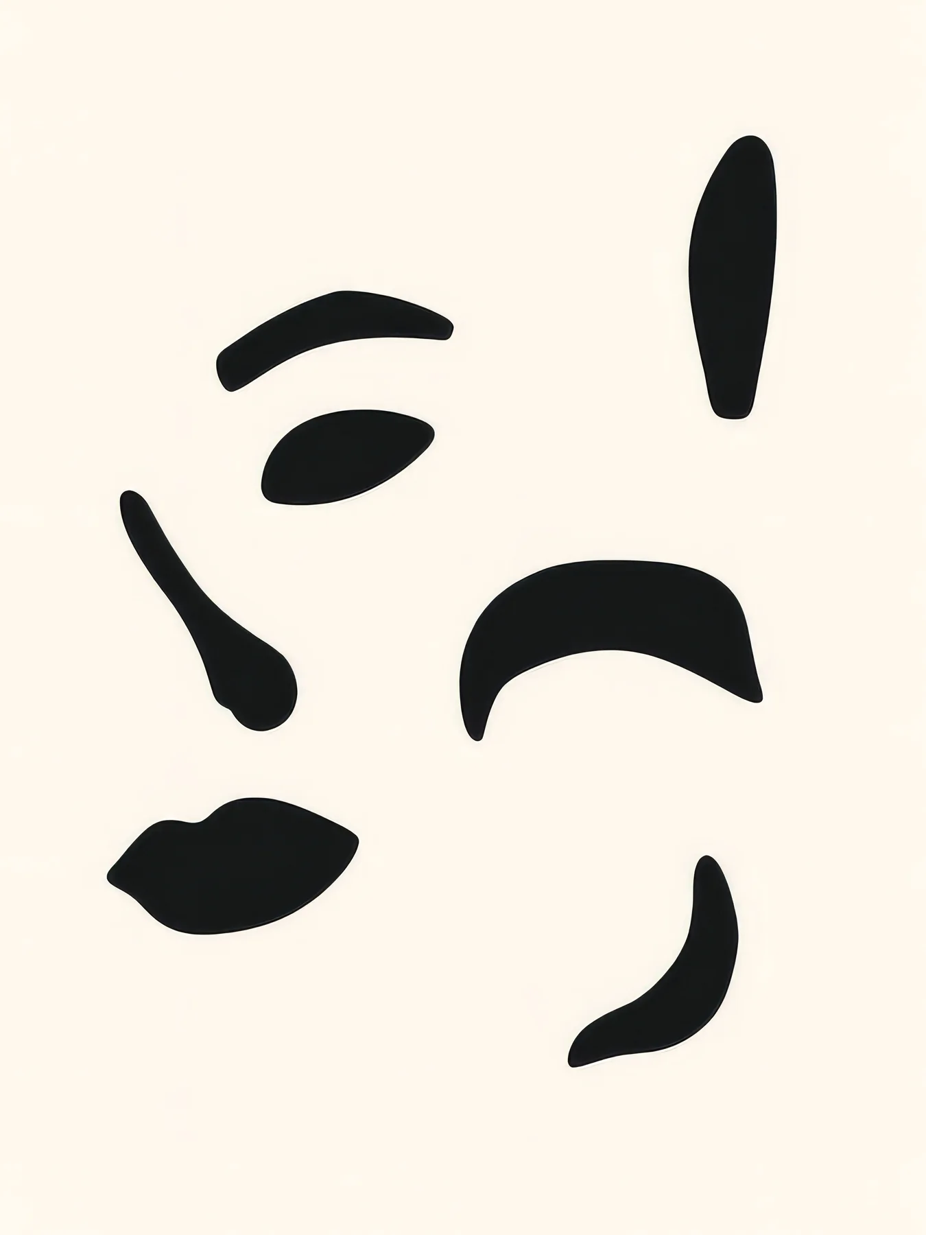Onlly poster, Black Abstract Brush Marks: Loose black brush-like forms float separately on a pale ground.