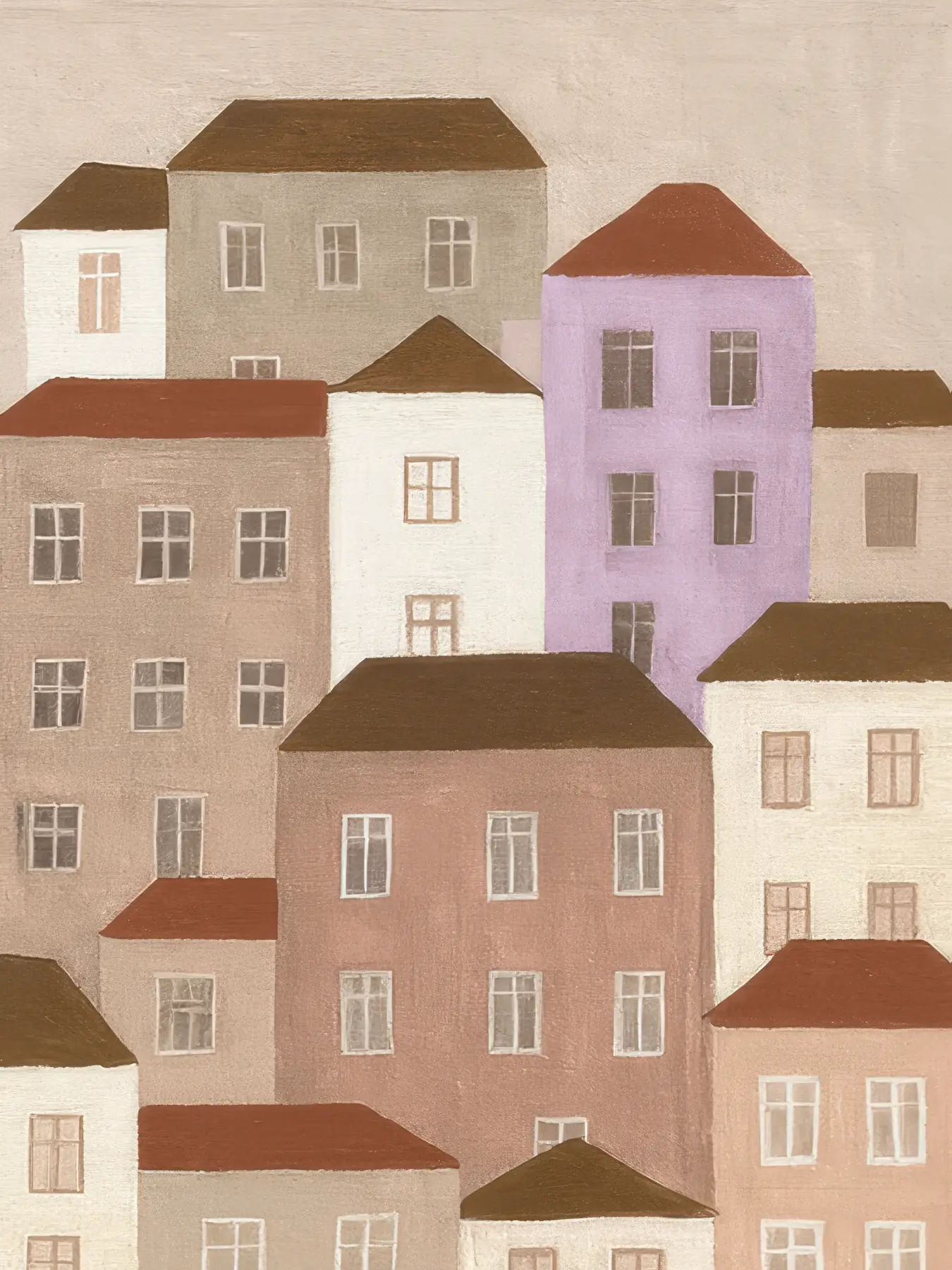 Onlly poster, Pastel Row of Houses: Softly coloured townhouses with repeating windows fill a compact architectural scene.