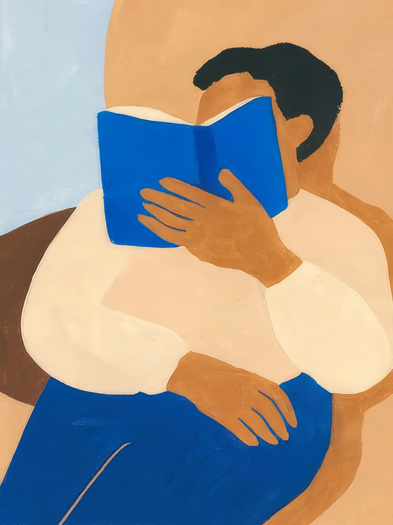 Onlly poster, Woman Reading a Blue Book: A seated woman in a warm striped outfit reads a vivid blue book.