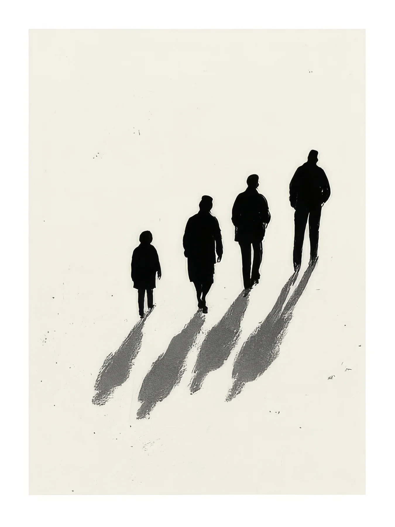 Onlly poster, People Walking in Long Shadows: Four small dark figures cross a pale field, their long shadows stretching behind them.