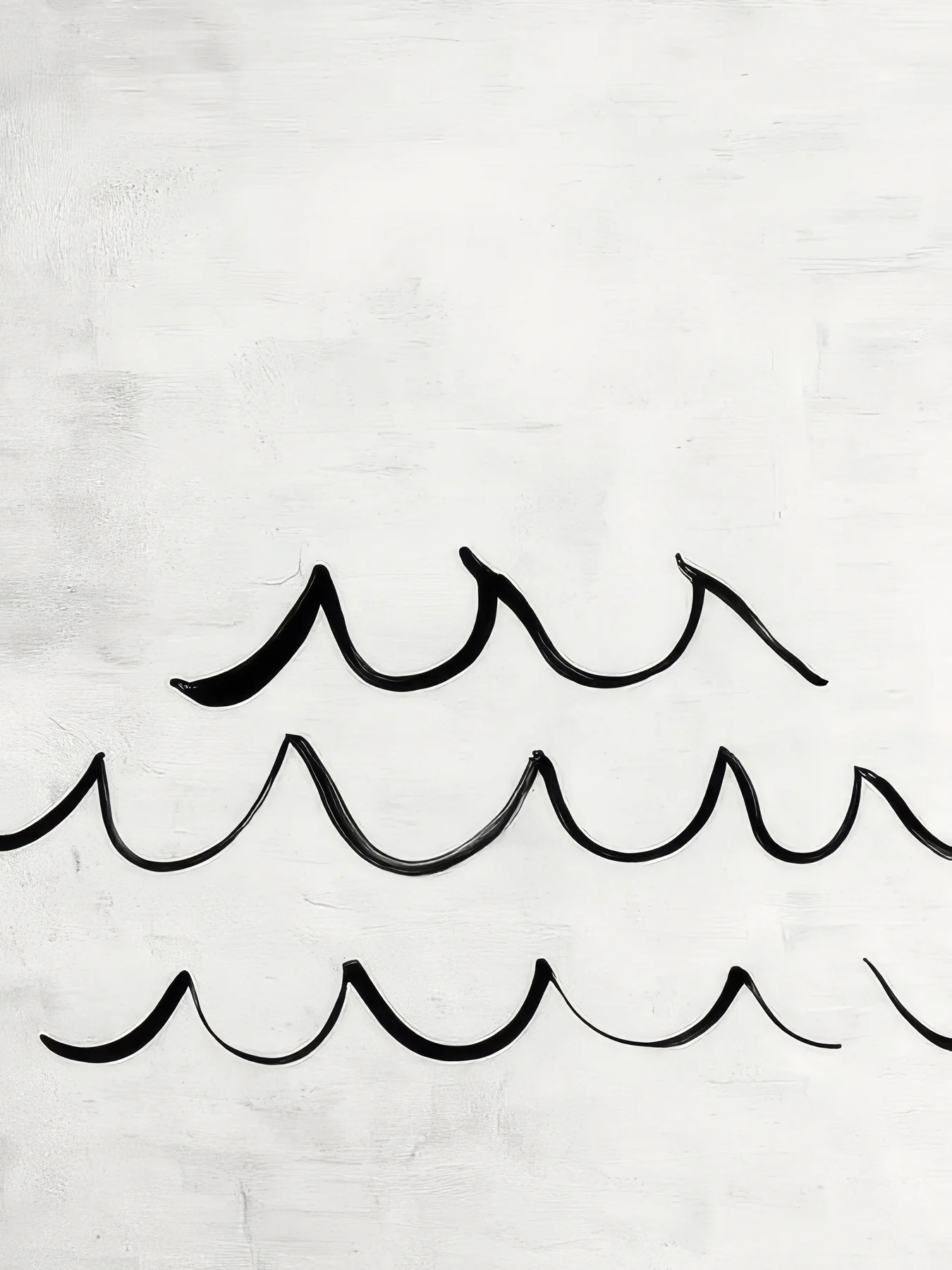 Onlly poster, Quiet Waves in Ink: Repeated dark wave lines move across a softly textured white ground.
