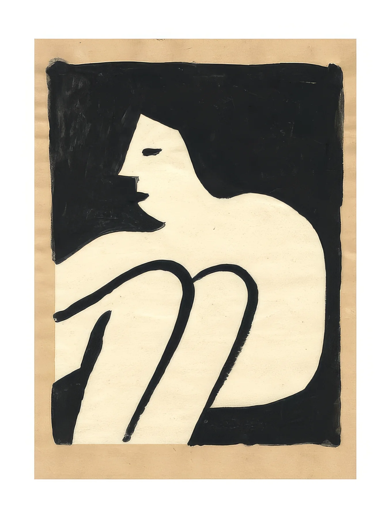 Onlly poster, Woman in a Black Frame: A seated woman is drawn in broad black contours within a warm tan rectangular field.