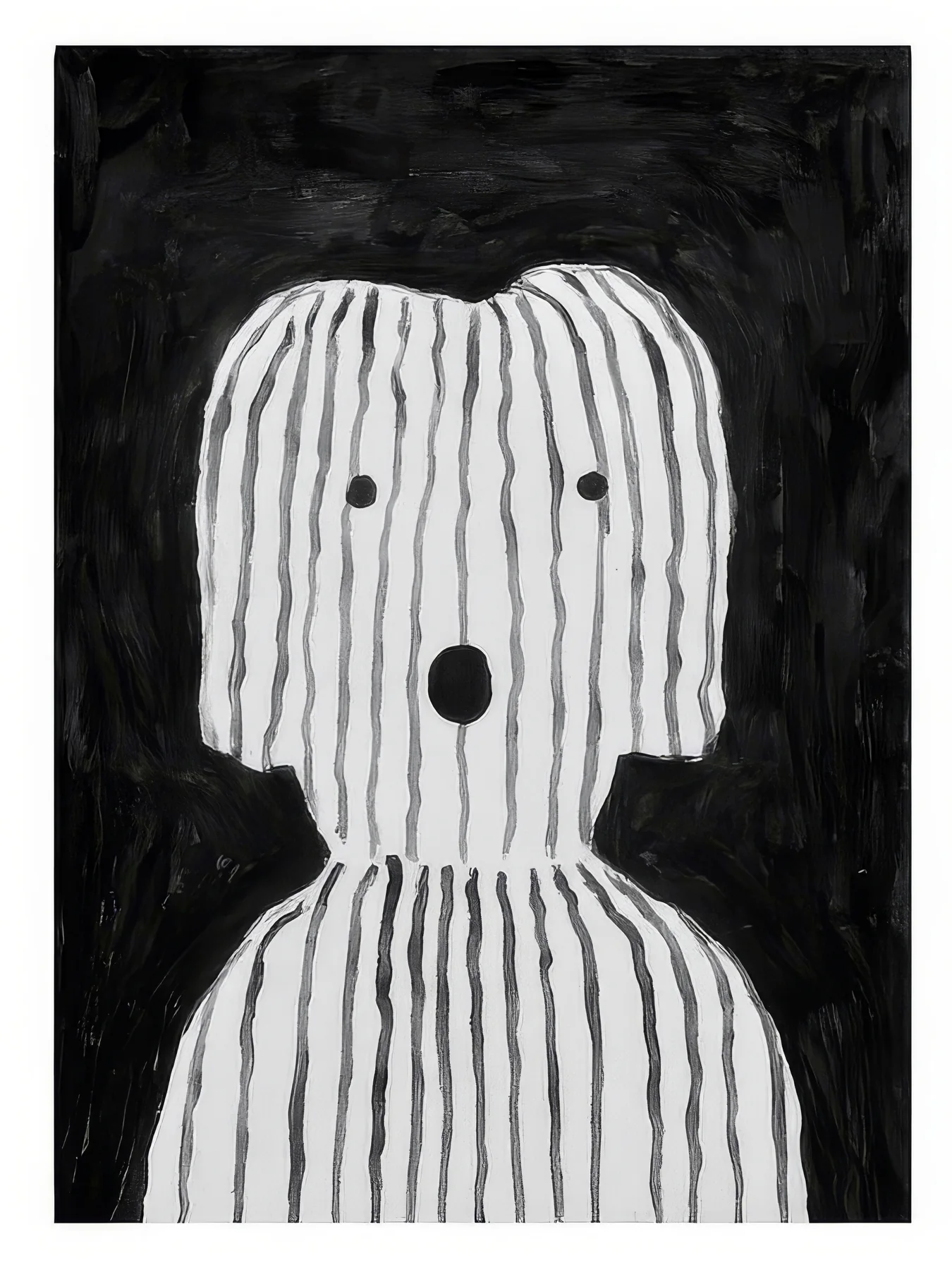 Onlly poster, Striped Little Character: A small black-and-white character with a rounded body and dot eyes stands against charcoal.