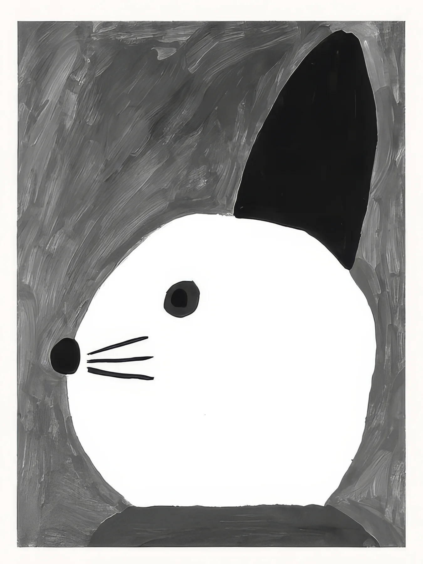 Onlly poster, White Mouse on Charcoal: A simple white mouse-like figure with round ears is outlined on a dark field.