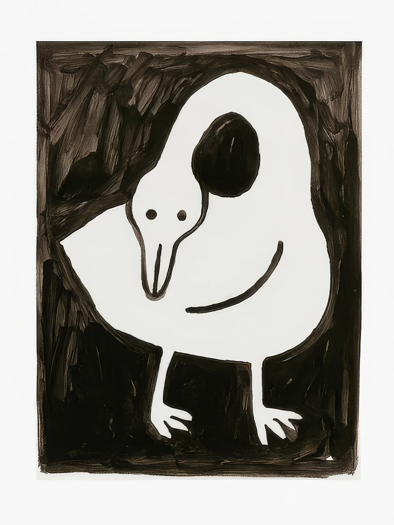 Onlly poster, White Bird on Dark Ground: A small pale bird stands in a loose black brush frame.