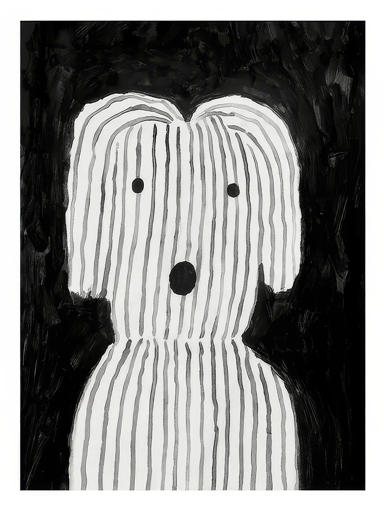 Onlly poster, Striped Figure in a Dark Frame: A rounded white figure with black stripes and dot eyes is set against charcoal.