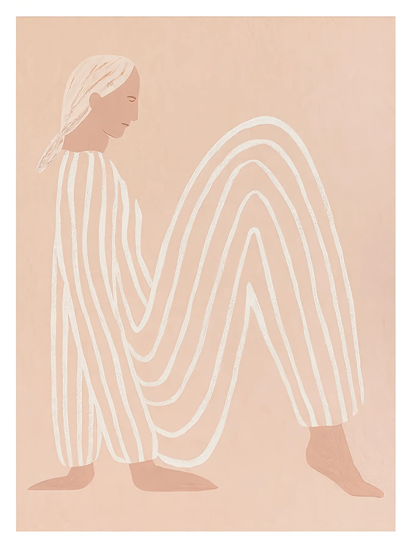 Onlly poster, Seated Figure in Pale Stripes: A pale figure sits curled within delicate ivory contours on blush beige.