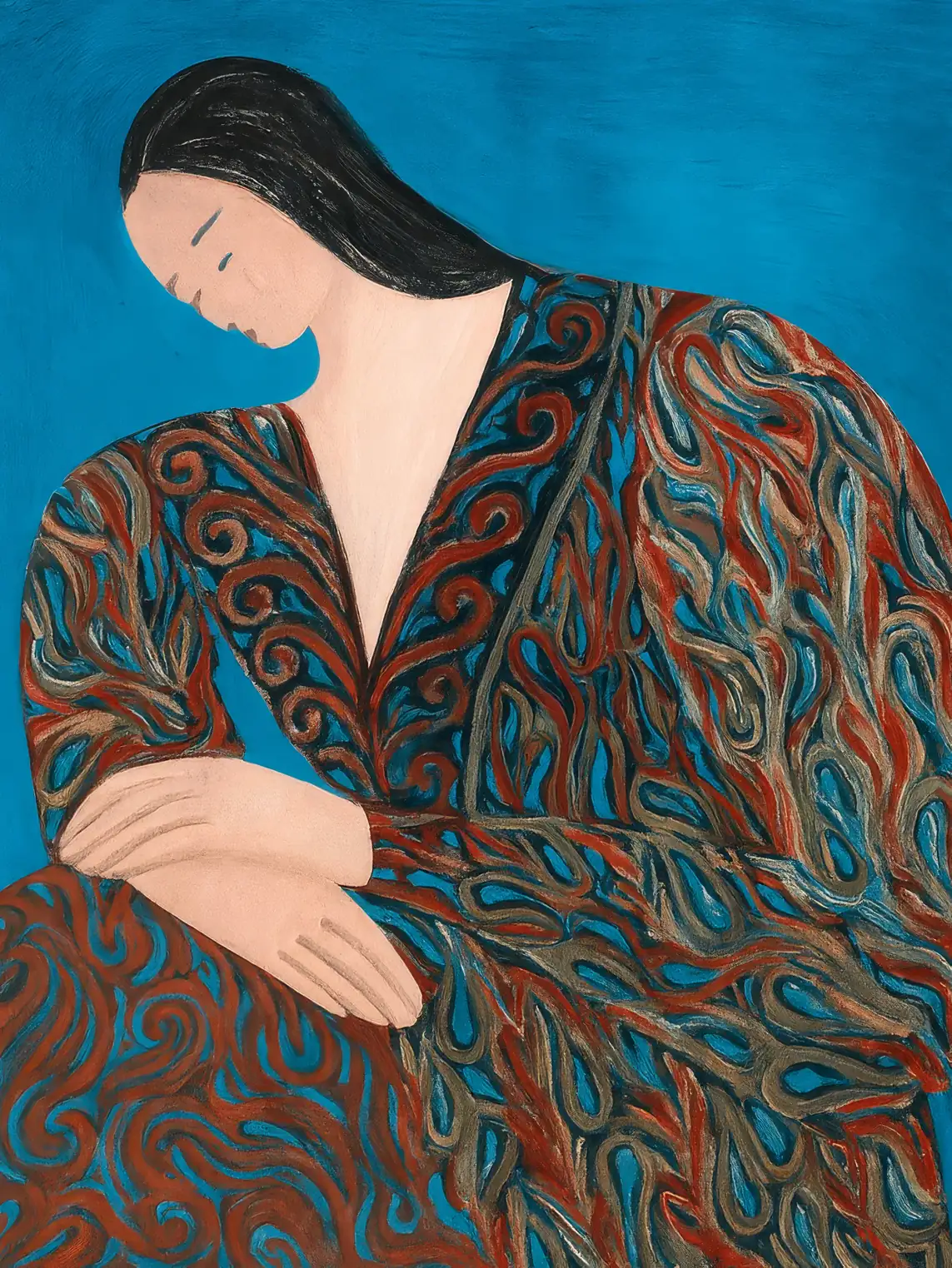 Onlly poster, Woman in a Blue Patterned Dress: A seated dark-haired woman wears a richly patterned blue and rust robe.