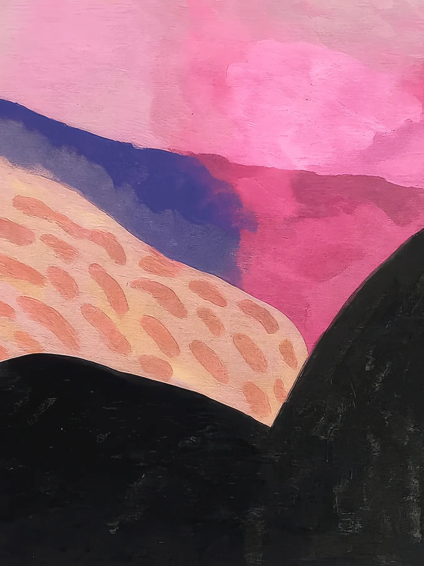 Onlly poster, Abstract Pink Coastline: Layered rose, mauve and charcoal shapes suggest a quiet coast or folded landscape.