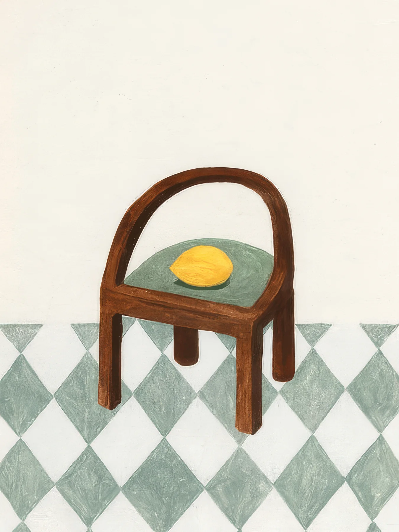 Onlly poster, Chair on Checkerboard Floor: A wooden chair and tiny yellow accent sit on a cream-and-green tiled floor.