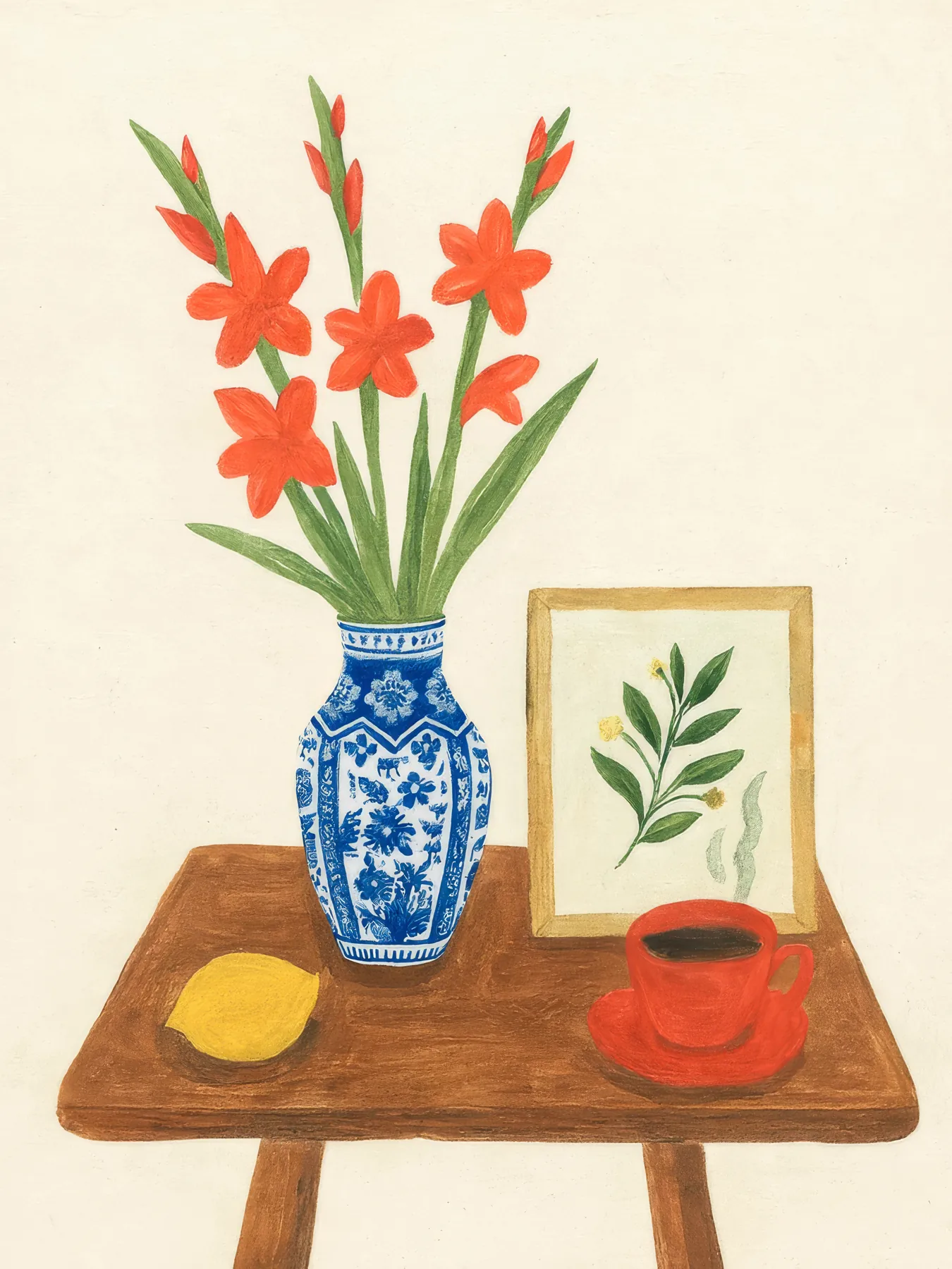 Onlly poster, Flowers in a Blue Patterned Vase: Orange flowers and green leaves rise from a blue-and-white vase on a table.