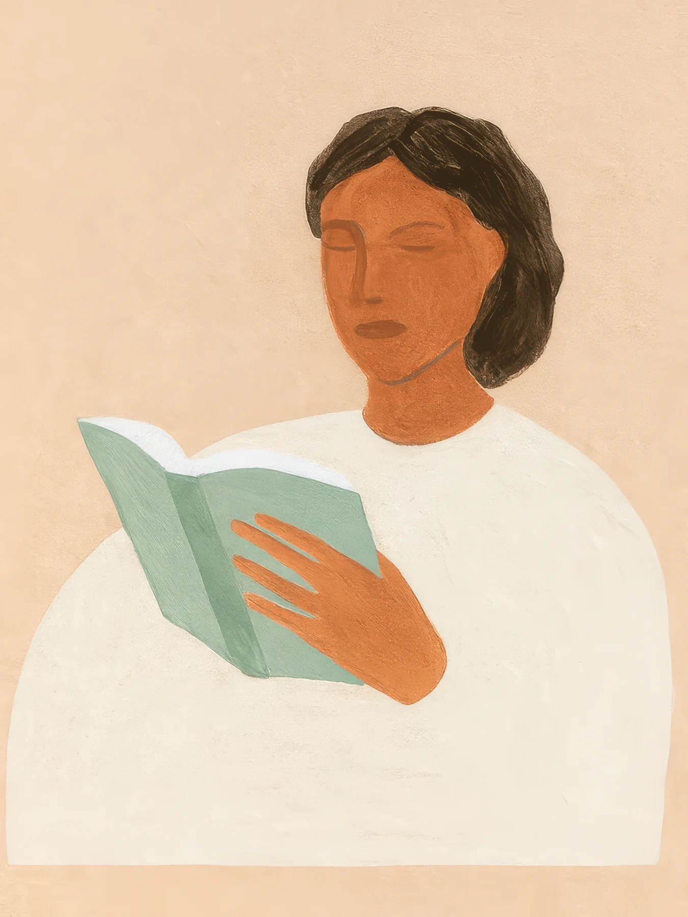 Onlly poster, Woman Reading in White: A seated woman in a pale outfit holds a book against a warm neutral ground.