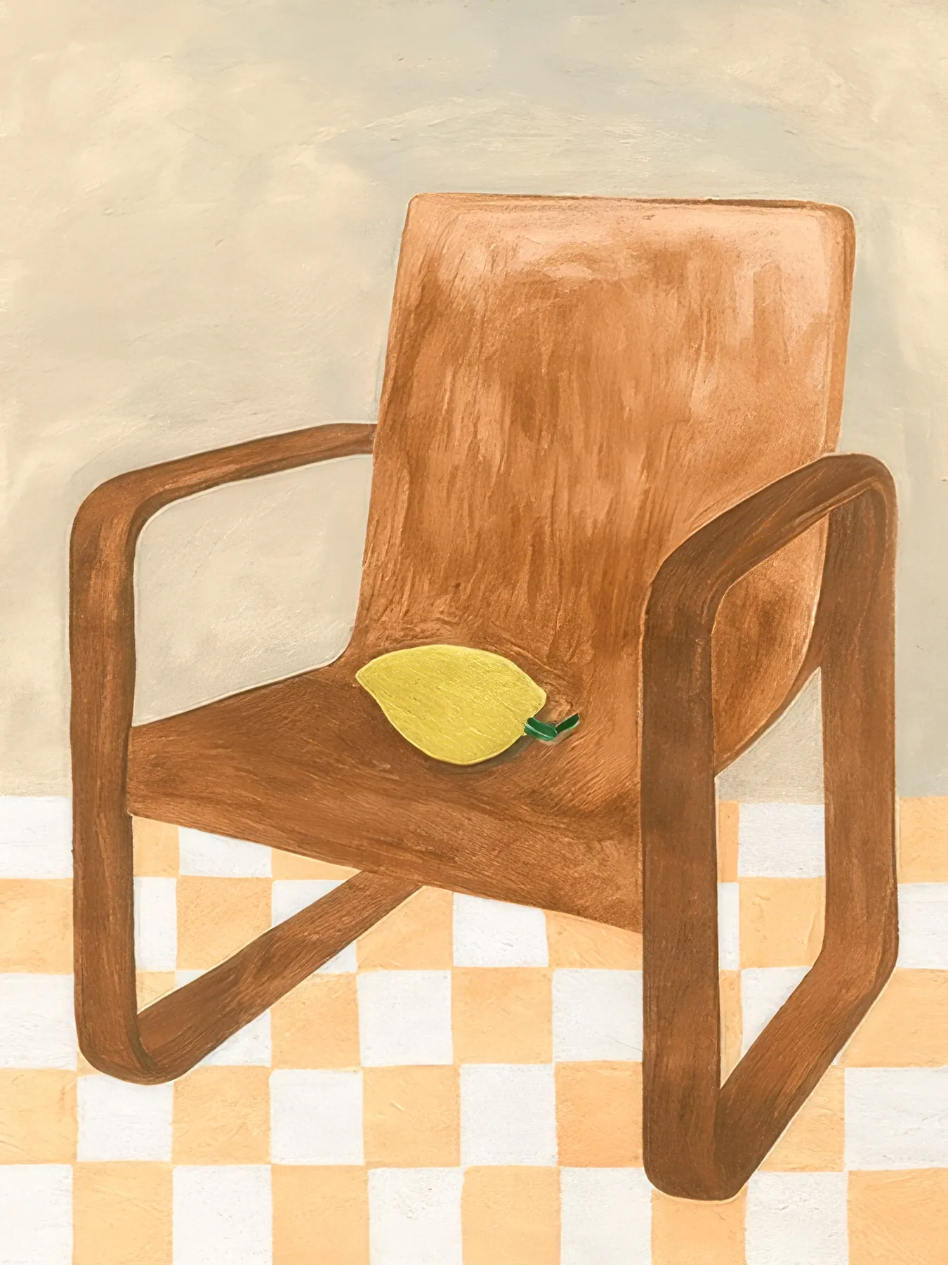 Onlly poster, Wooden Chair and Lemon: A warm wooden chair stands on a small checkerboard rug with a lemon on its seat.