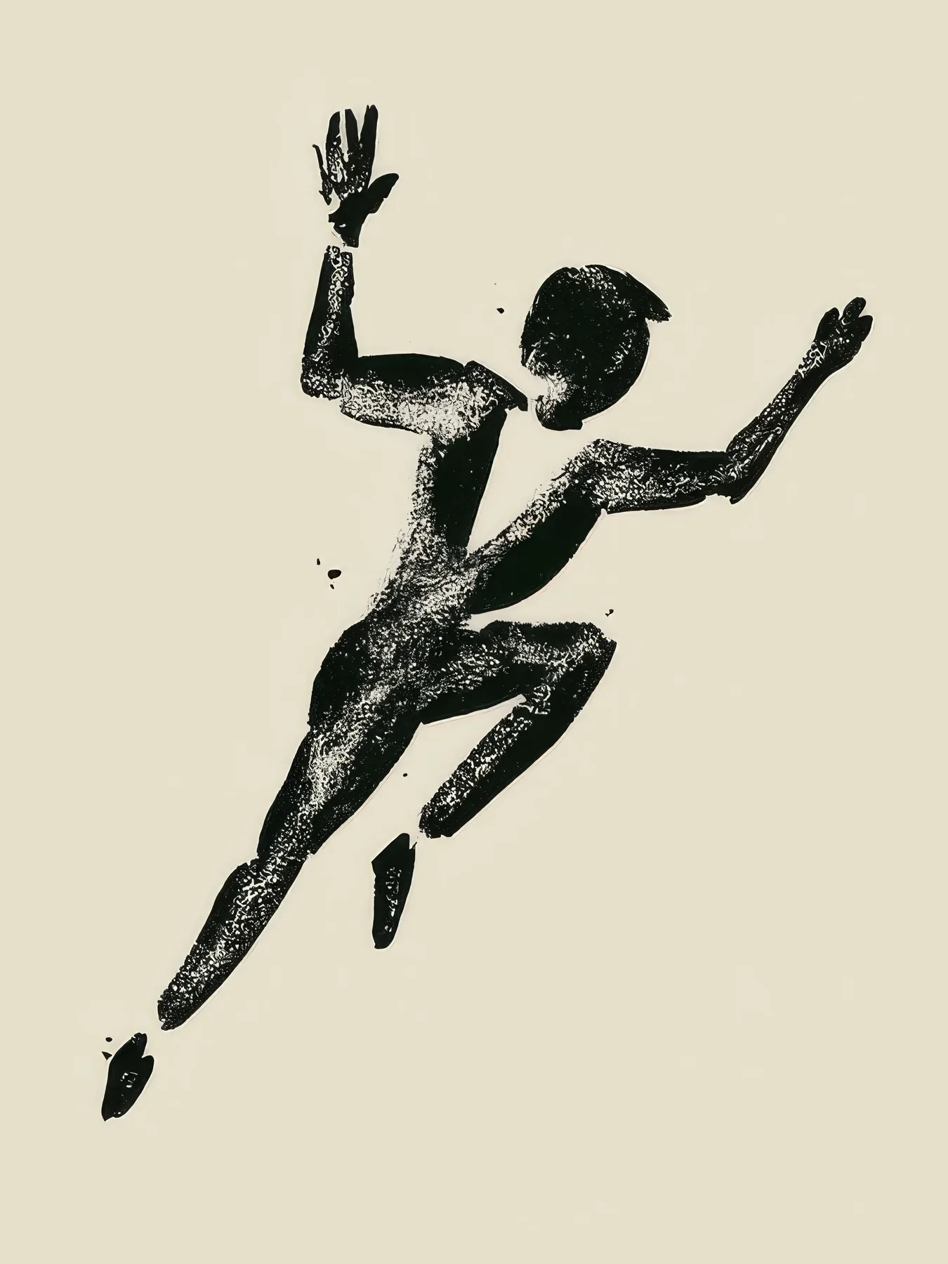 Onlly poster, Dancer in Midair: A dark figure leaps with arms raised, captured in a loose energetic pose.