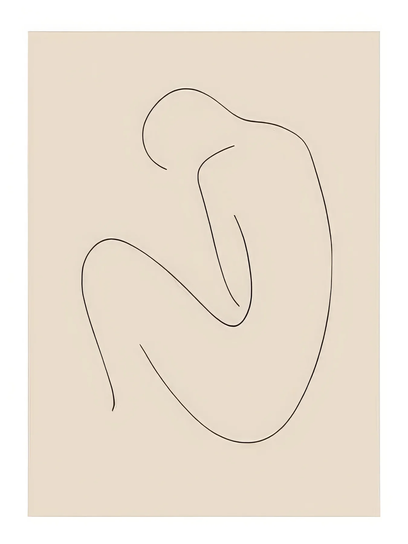 Onlly poster, Continuous Figure Outline: A thin continuous contour suggests a seated, folded body on ivory.