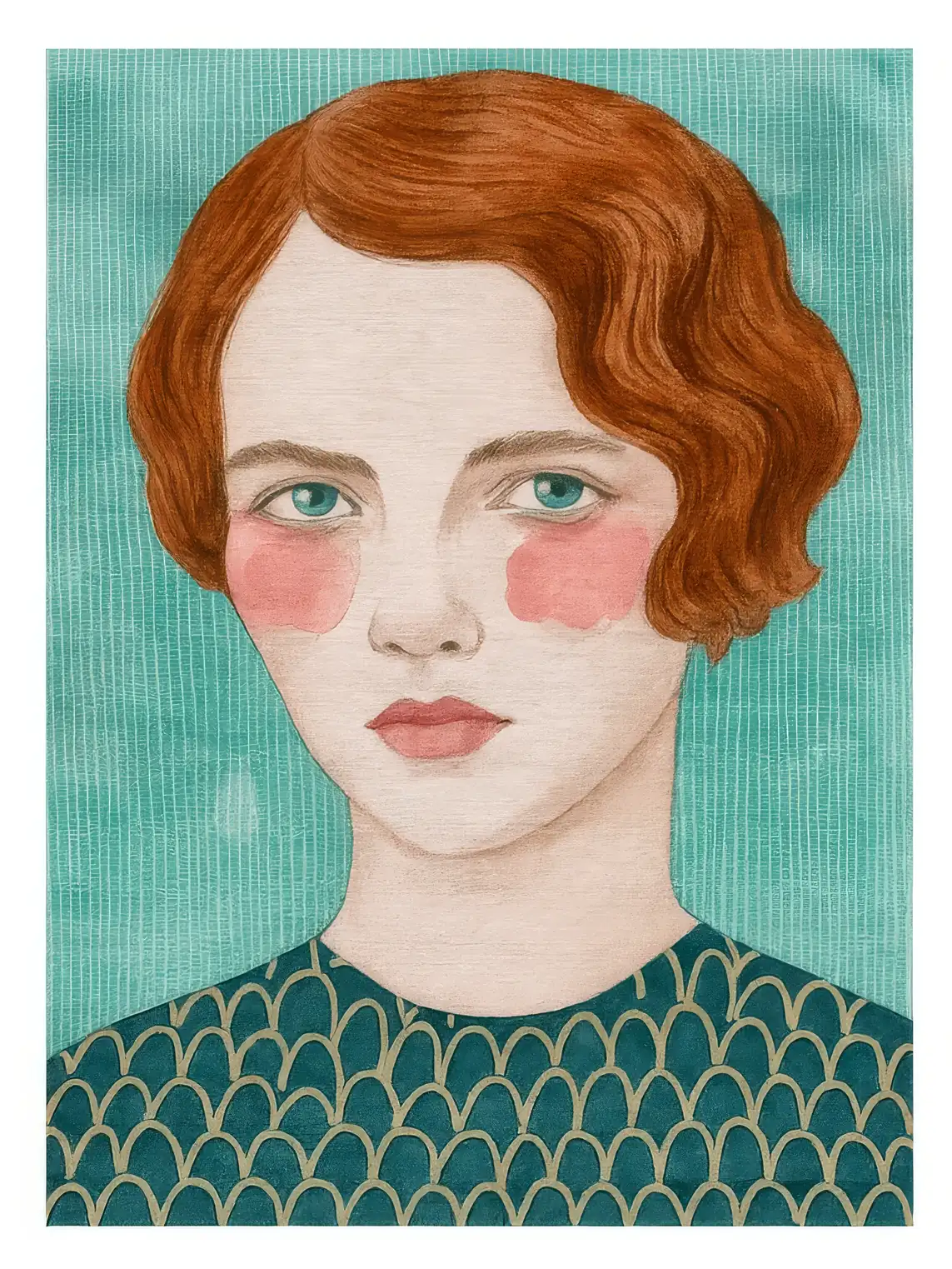 Onlly poster, Red-Haired Portrait in Teal: A young red-haired figure with pale skin is shown against a deep teal ground.