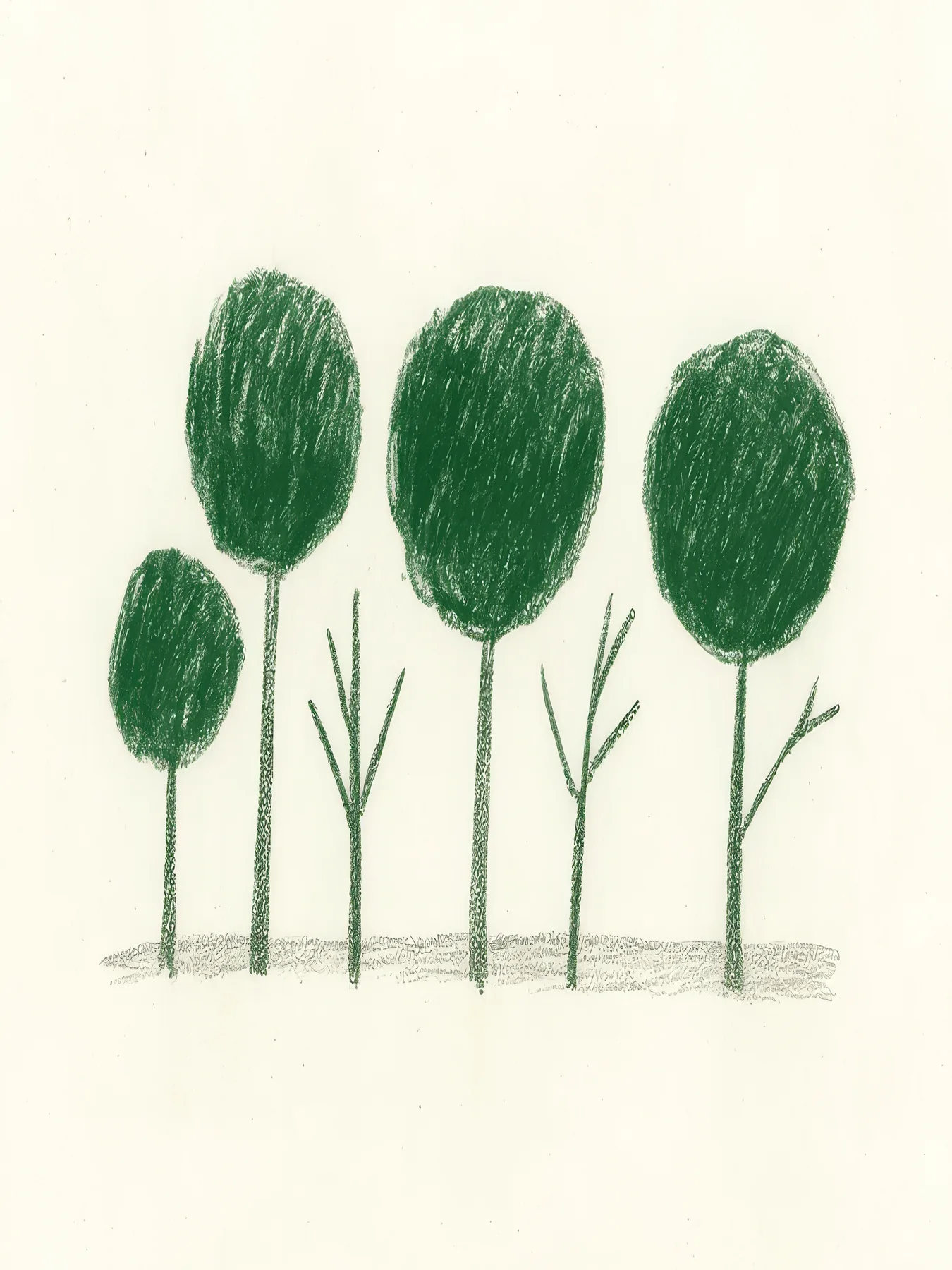Onlly poster, Three Rounded Trees: Three small trees with textured green crowns stand in a loose row.