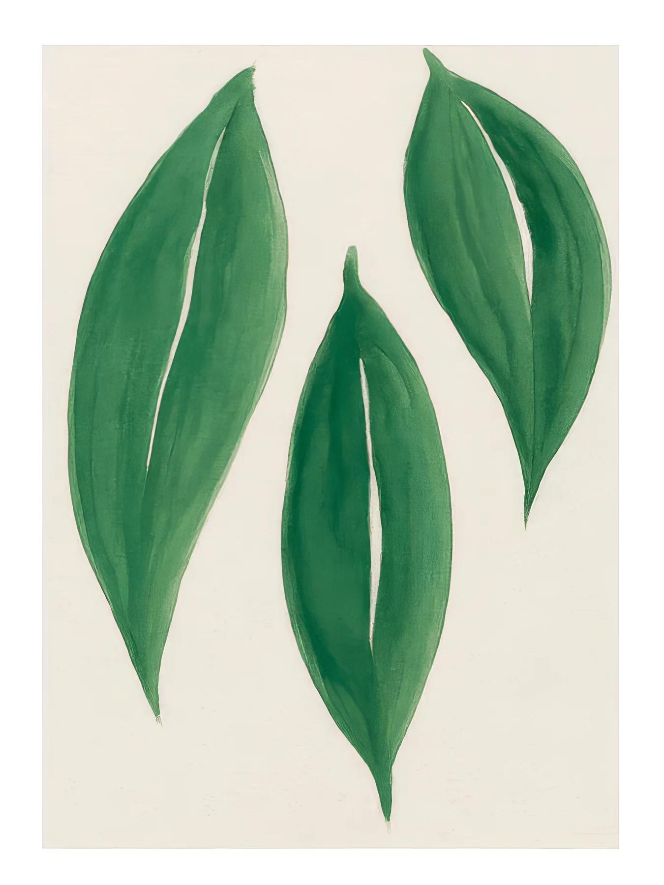 Onlly poster, Two Long Green Leaves: A pair of large green leaves with visible veins fills the pale composition.