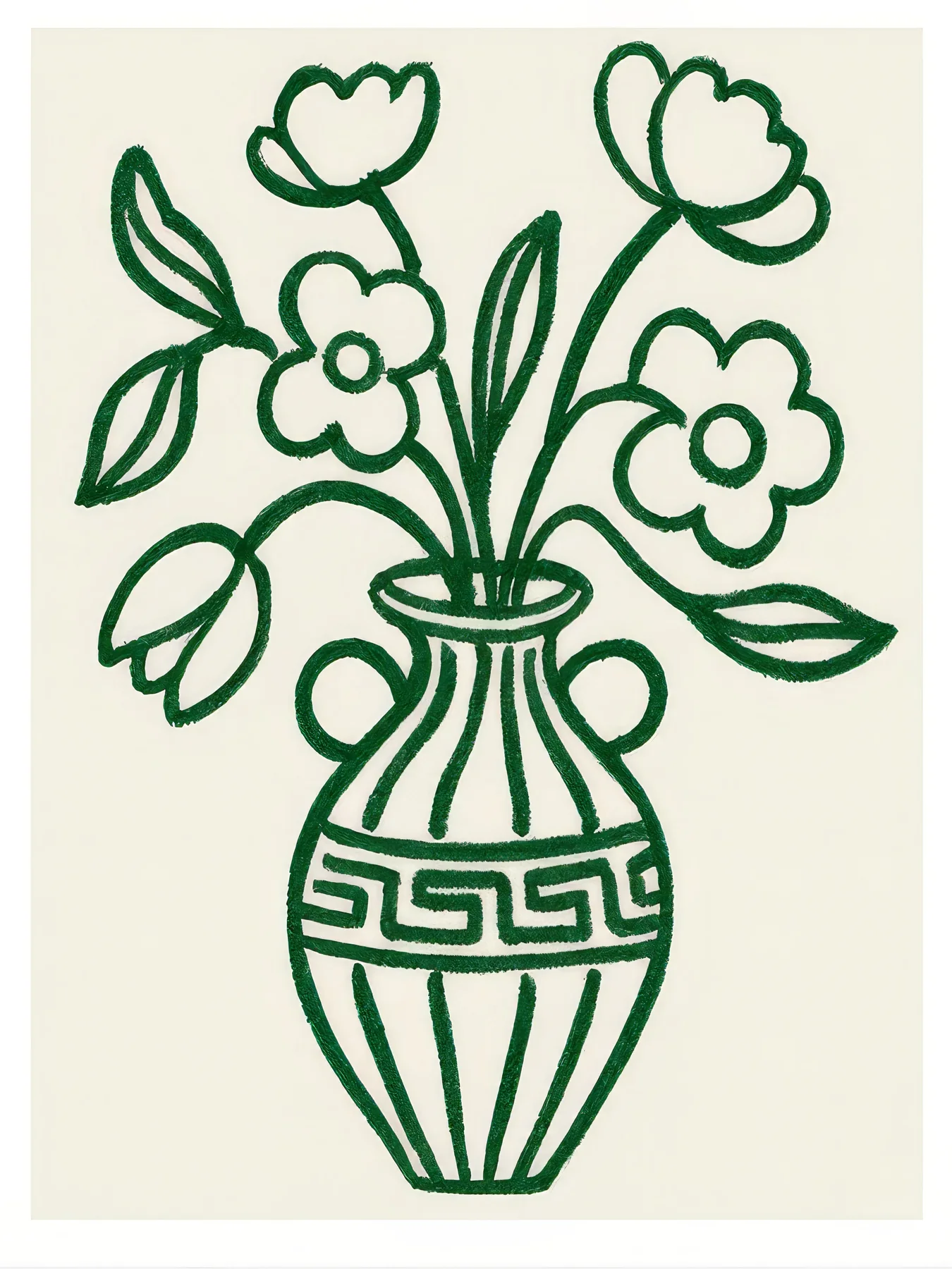 Onlly poster, Vase of Flowers in Outline: A simple dark line drawing shows small flowers in a decorative vase.