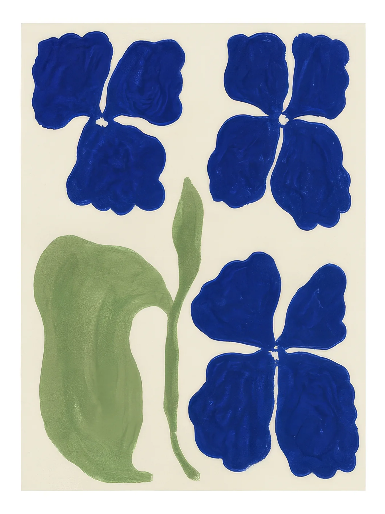 Onlly poster, Blue Flowers and Green Leaves: Four deep-blue blooms and soft green leaves form a compact floral arrangement.