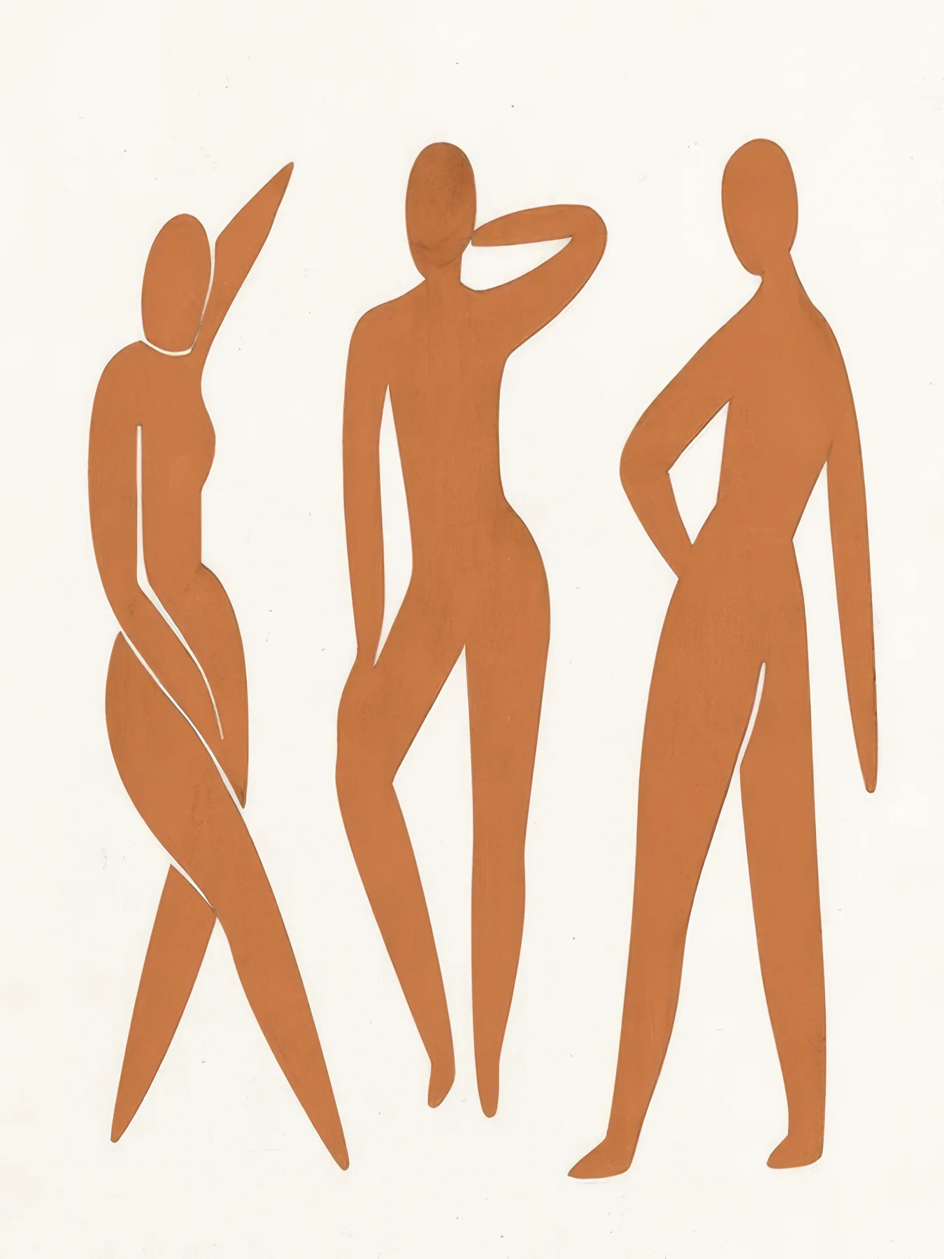 Onlly poster, Warm Brown Dancing Figures: Four simplified terracotta figures move together across a pale field.