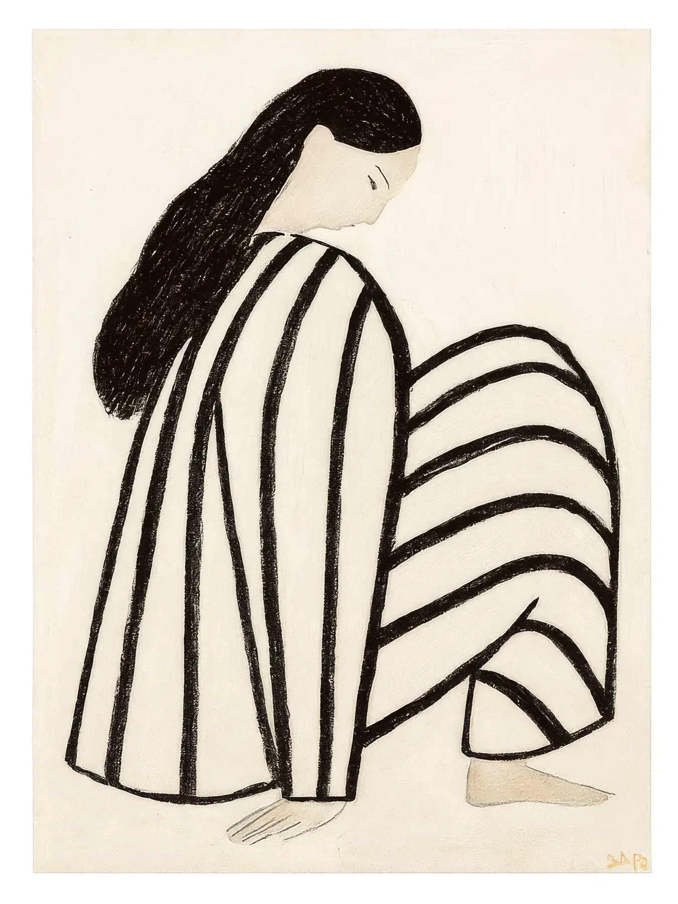 Onlly poster, Woman in Bold Stripes: A seated dark-haired woman wears a flowing black-and-cream striped outfit.