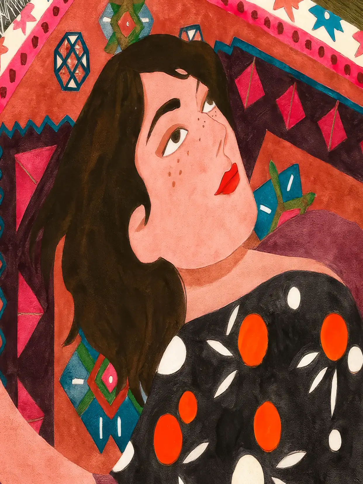 Onlly poster, Woman with Dark Wavy Hair: A warm portrait shows a dark-haired woman against richly patterned red and green shapes.