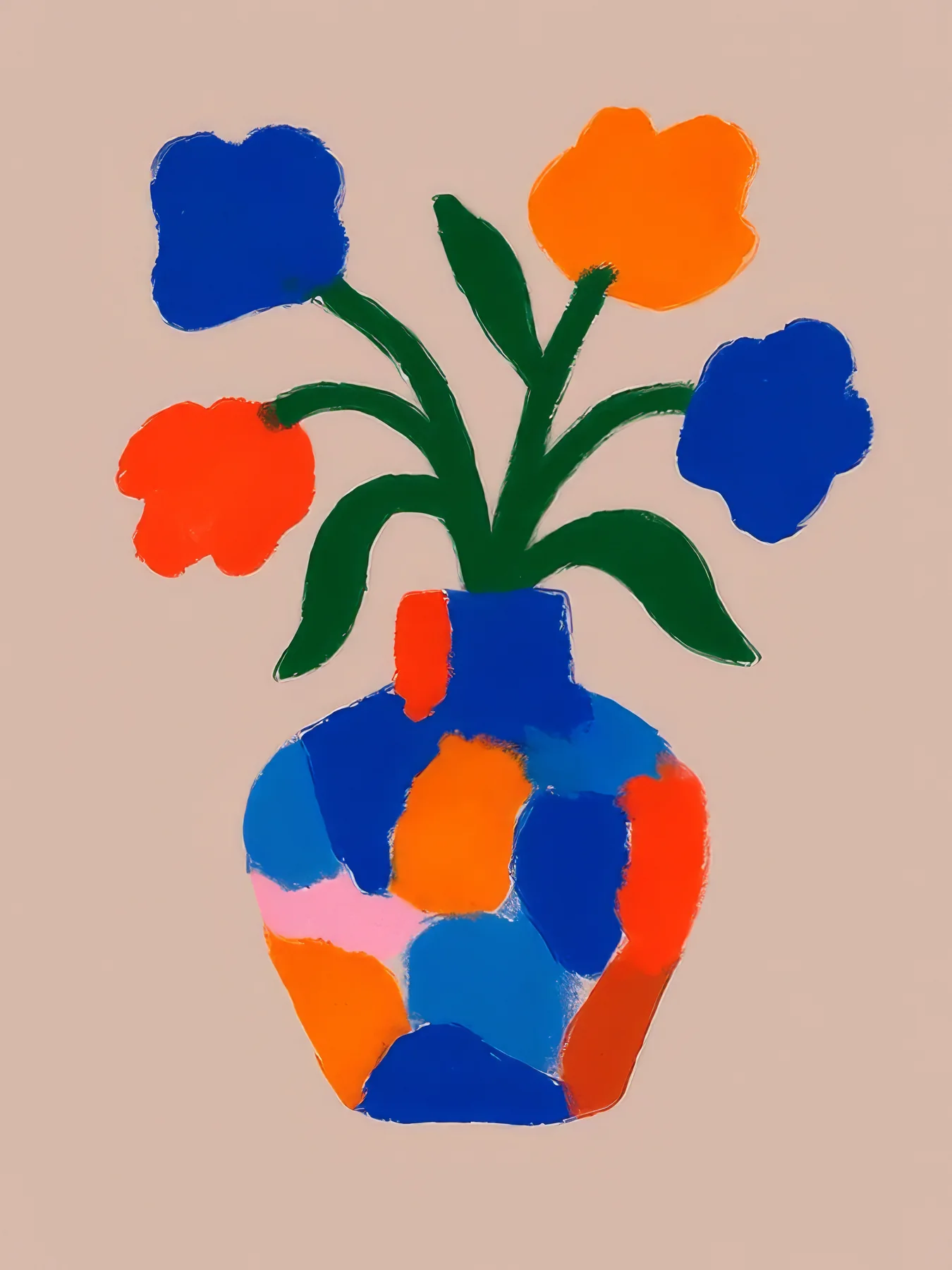Onlly poster, Bright Flowers in a Blue Vase: Orange, red and blue flowers rise from a vivid blue vessel.