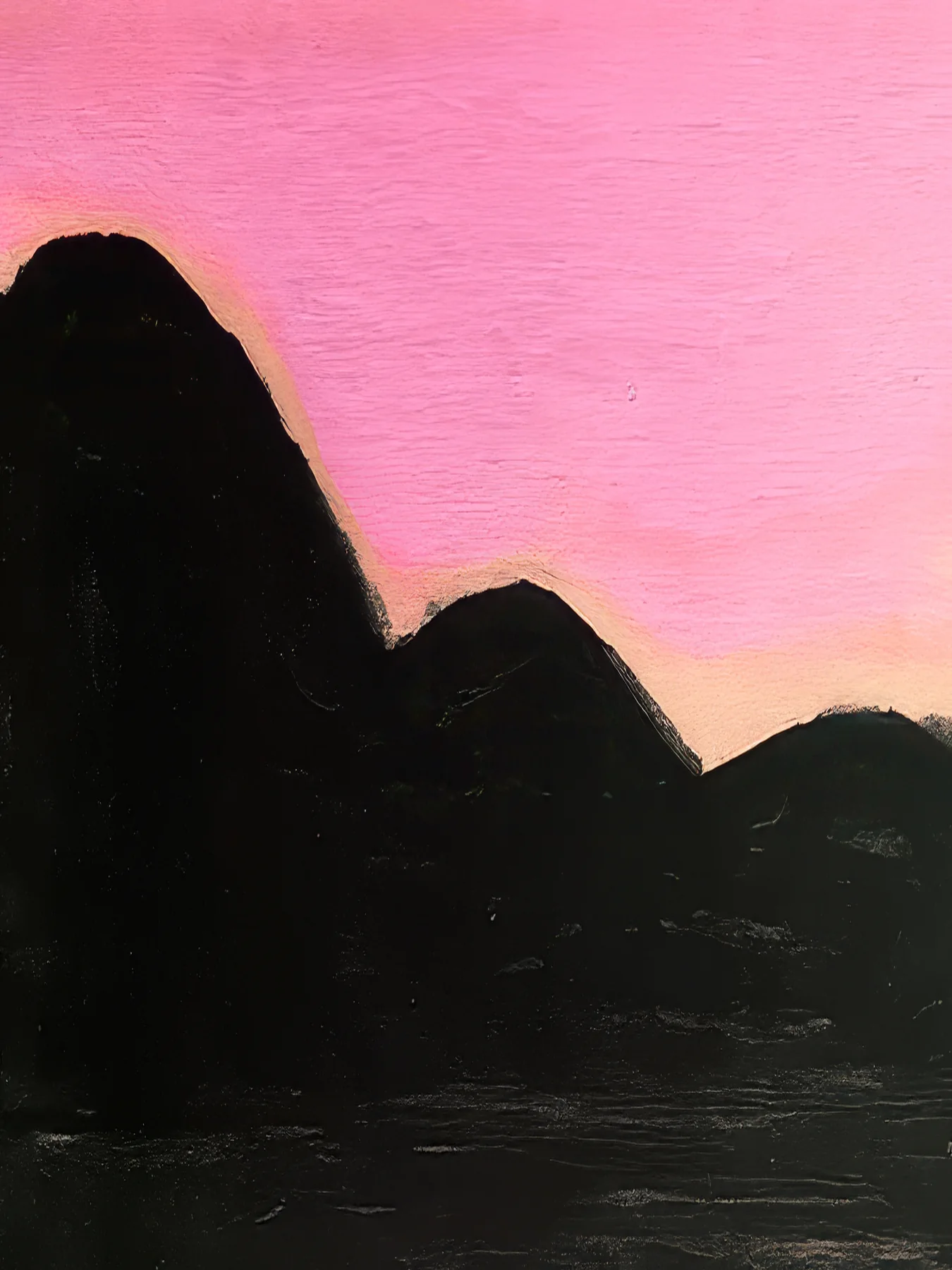 Onlly poster, Dark Hills beneath a Pink Sky: Layered charcoal landforms sit below a broad rose-pink sky.