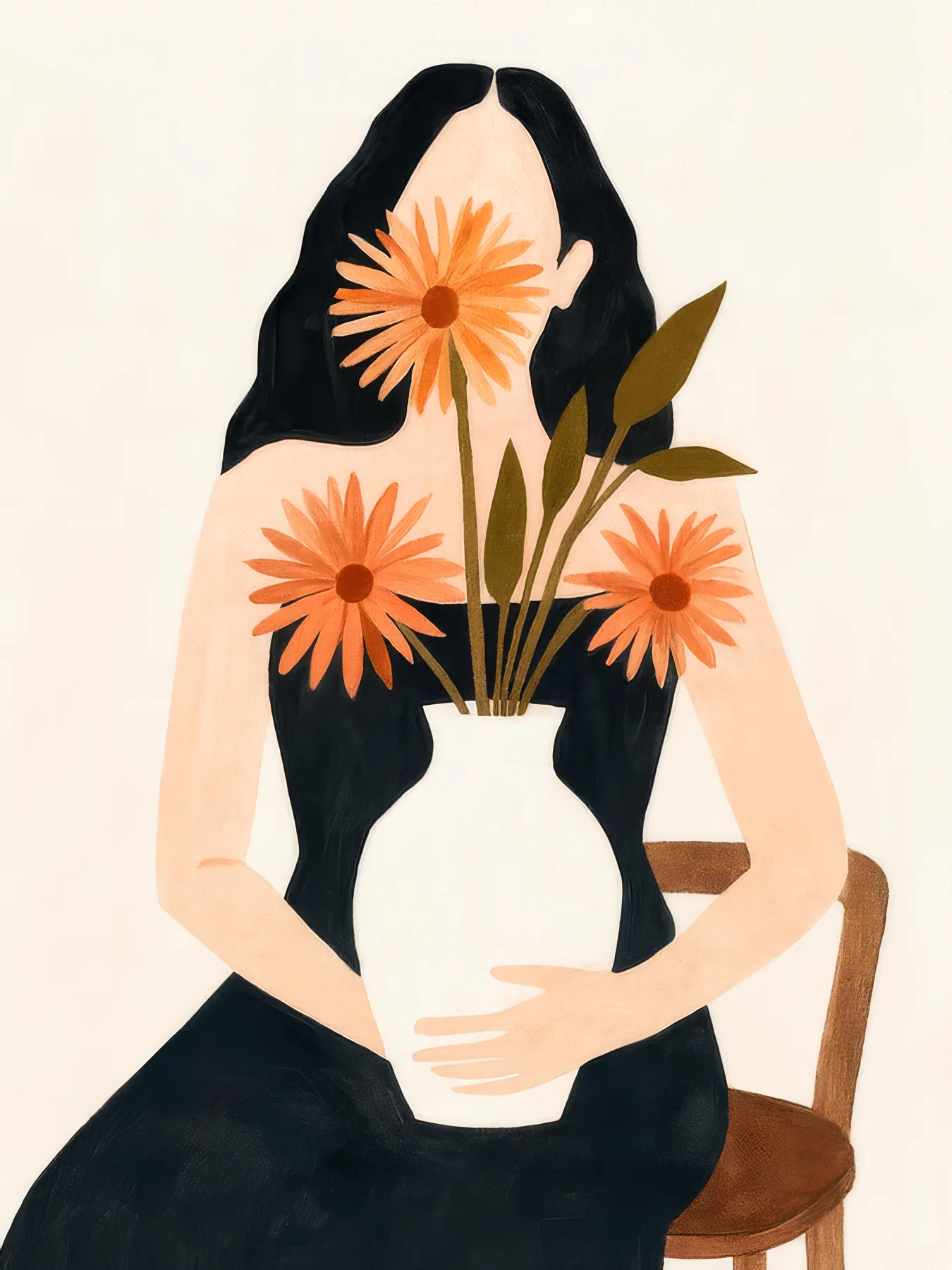 Onlly poster, Woman Holding Orange Flowers: A seated woman embraces a vase of bright orange flowers.