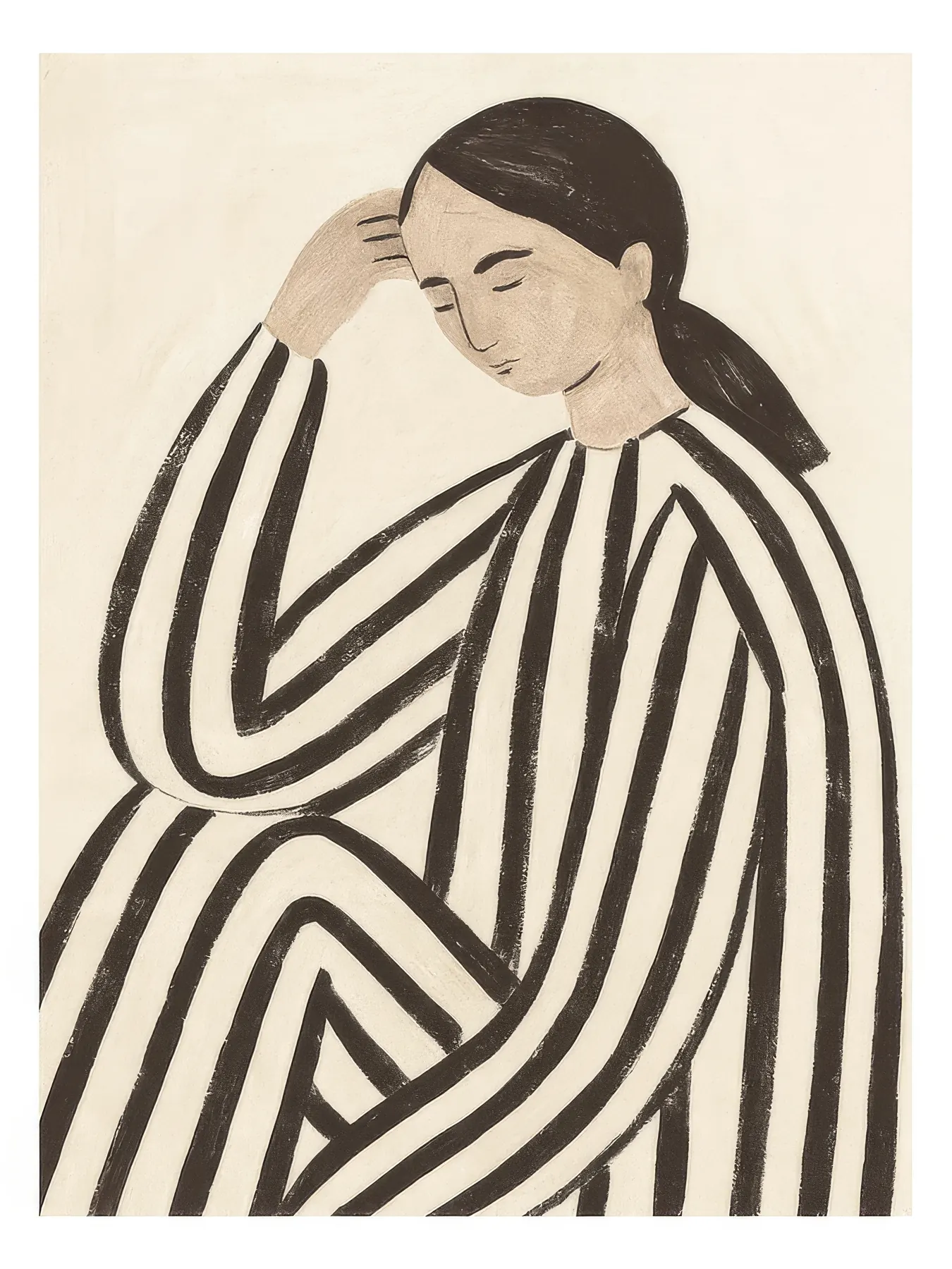 Onlly poster, Woman in Flowing Black Stripes: A seated figure is wrapped in a bold black-and-cream striped garment.