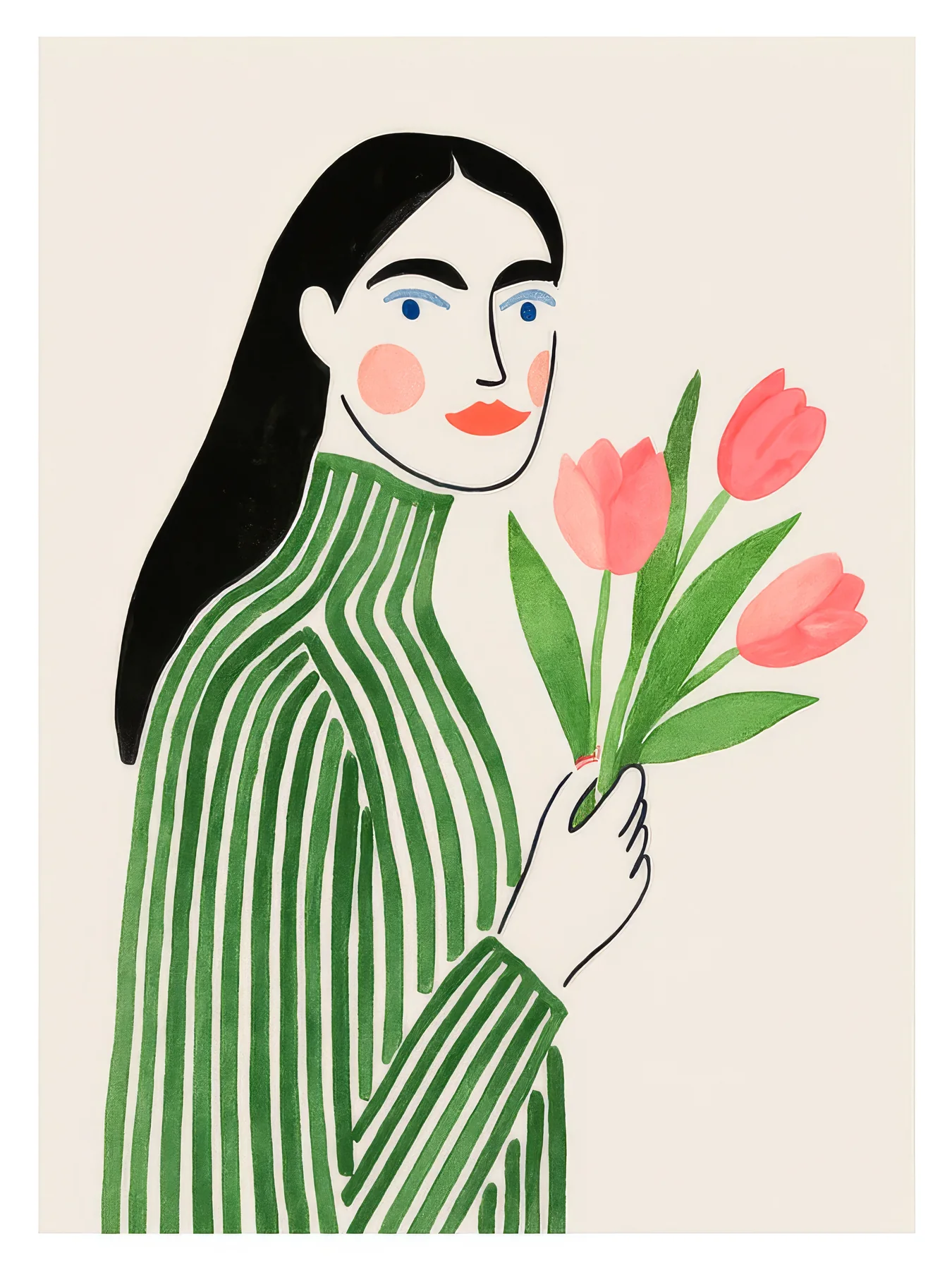 Onlly poster, Woman Carrying Tulips: A woman in a green striped outfit holds a bouquet of pink tulips.