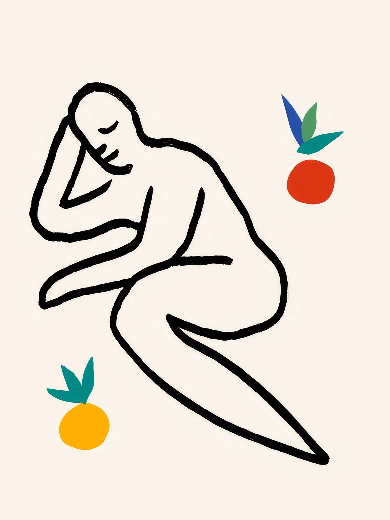 Onlly poster, Resting Figure with Fruit: A continuous line drawing of a reclining figure is accented by small fruit and leaves.