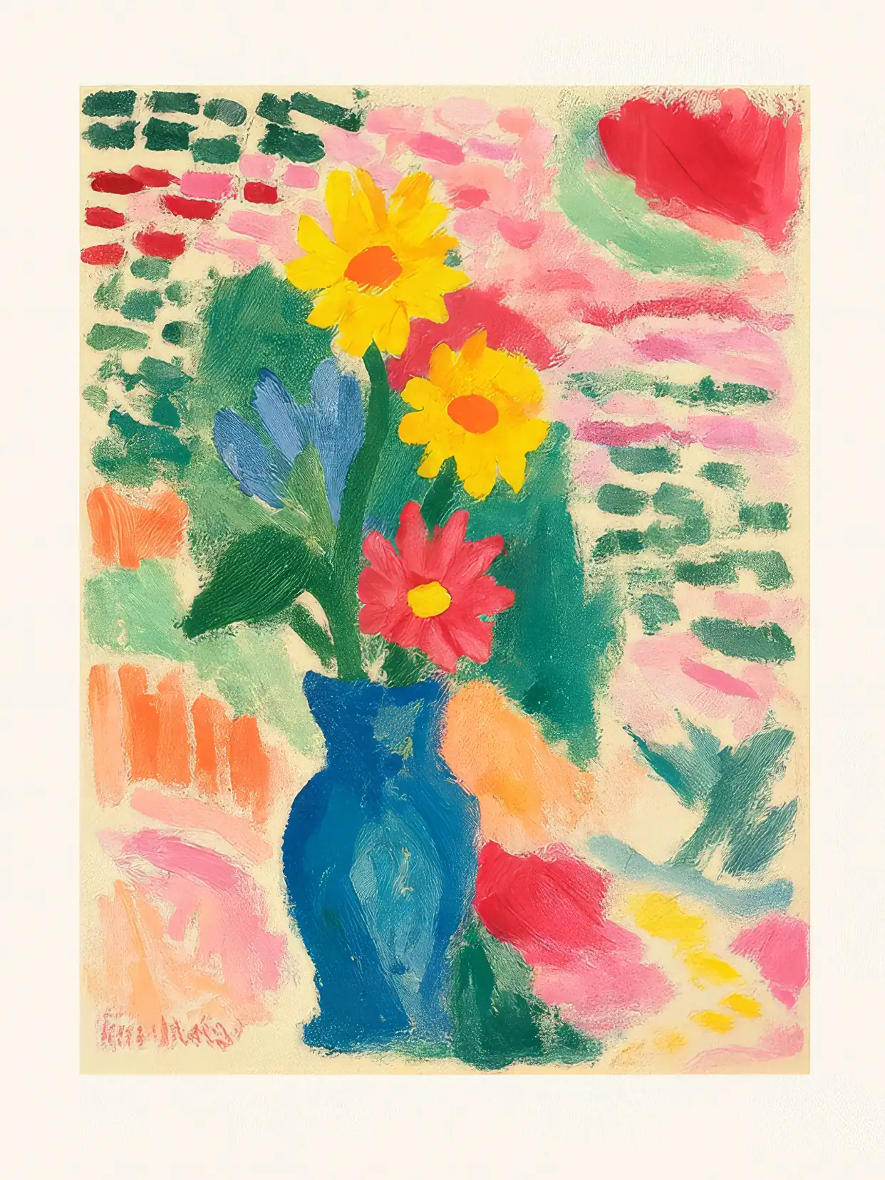 Onlly poster, Wildflowers in a Blue Vase: A loose, colourful bouquet of yellow, pink and blue flowers fills a blue vase.