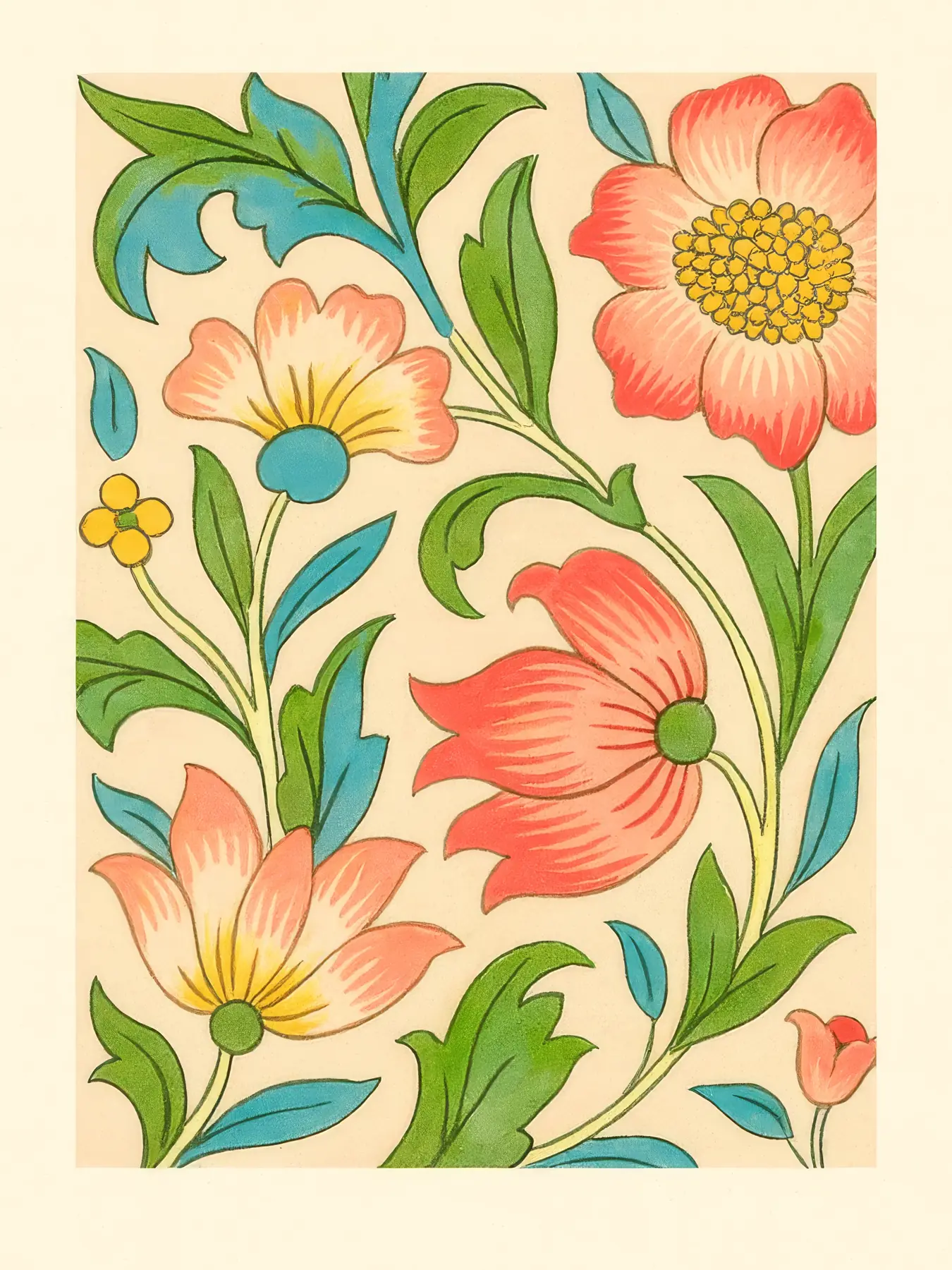 Onlly poster, Colourful Garden Pattern: Small pink, yellow and green flowers repeat over a soft green ground.