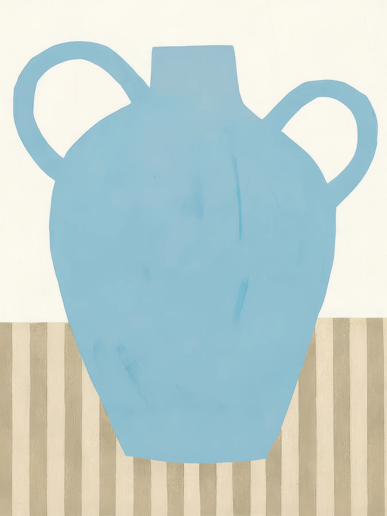Onlly poster, Blue Vase on Striped Table: A pale blue vase rests on a striped surface, with a small green plant inside.