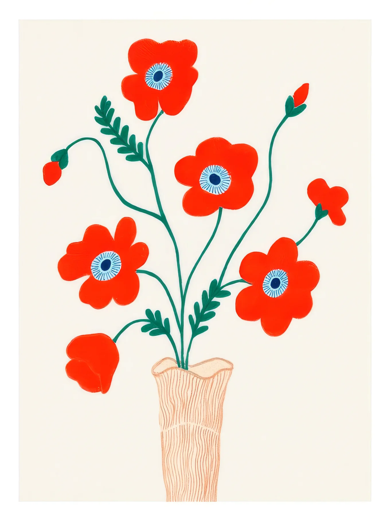 Onlly poster, Red Flowers in a Tall Vase: Several red blossoms rise from a narrow pale vase on cream.