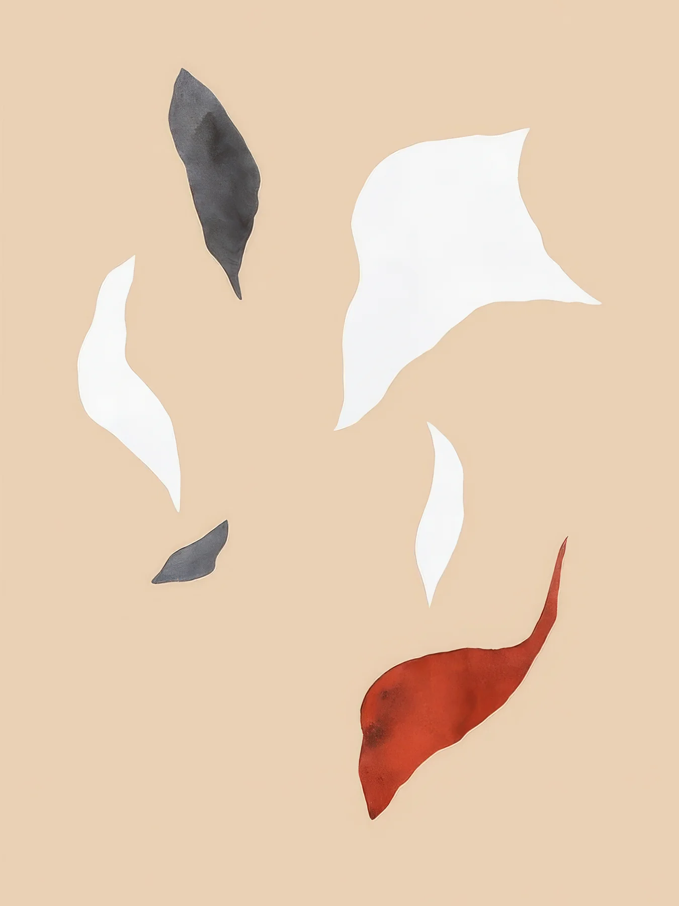 Onlly poster, Floating Leaf Forms: Four abstract dark and pale leaf-like shapes drift across a warm beige field.