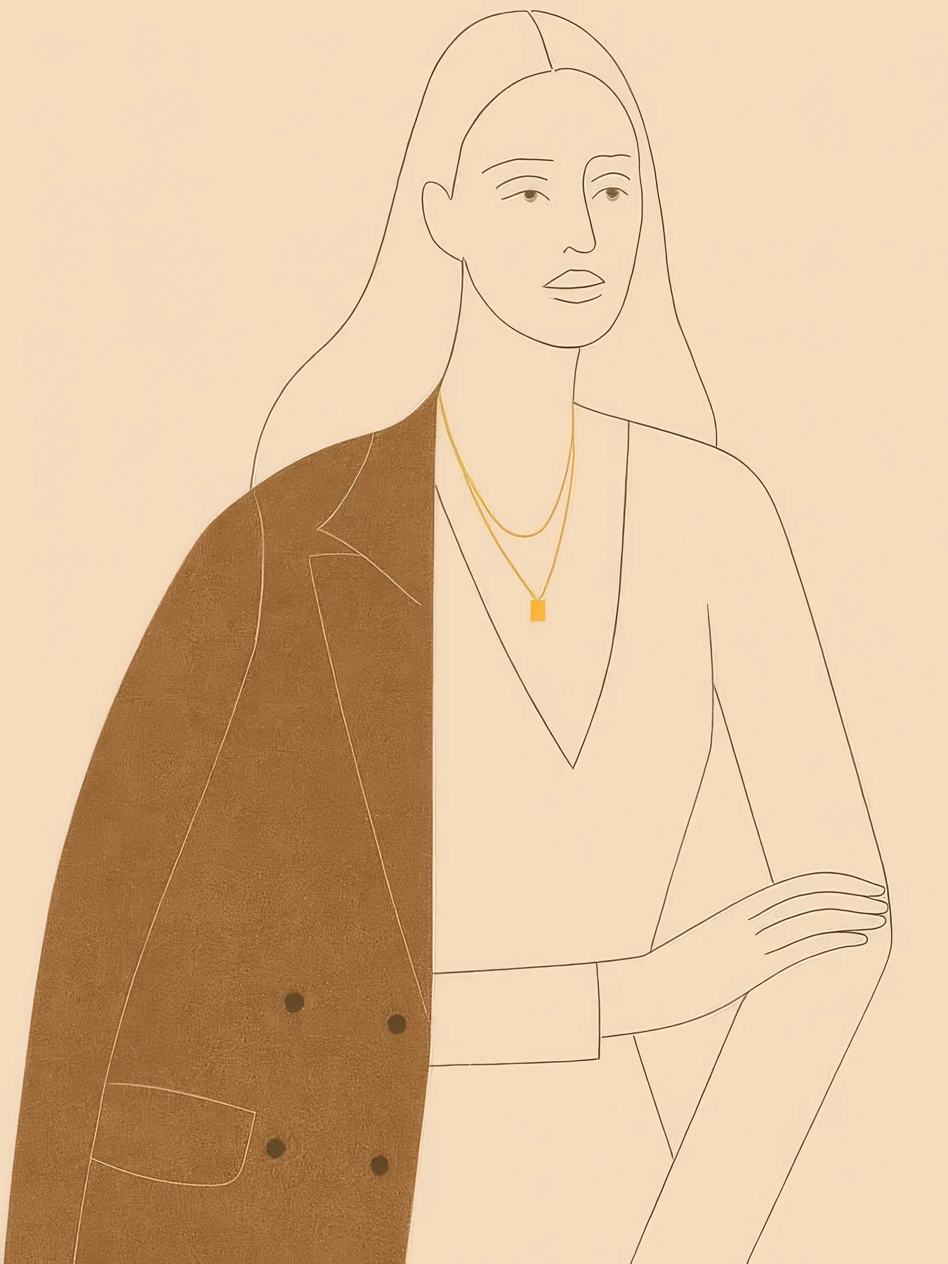 Onlly poster, Woman in a Long Brown Coat: A fine line drawing shows a seated woman in a long, warm brown coat.
