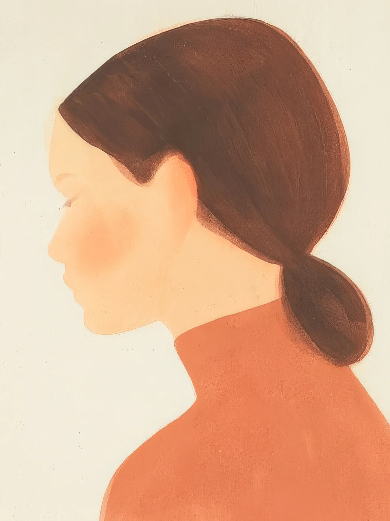Onlly poster, Woman in Side Profile: A close side portrait shows a woman with a dark bun against pale peach.