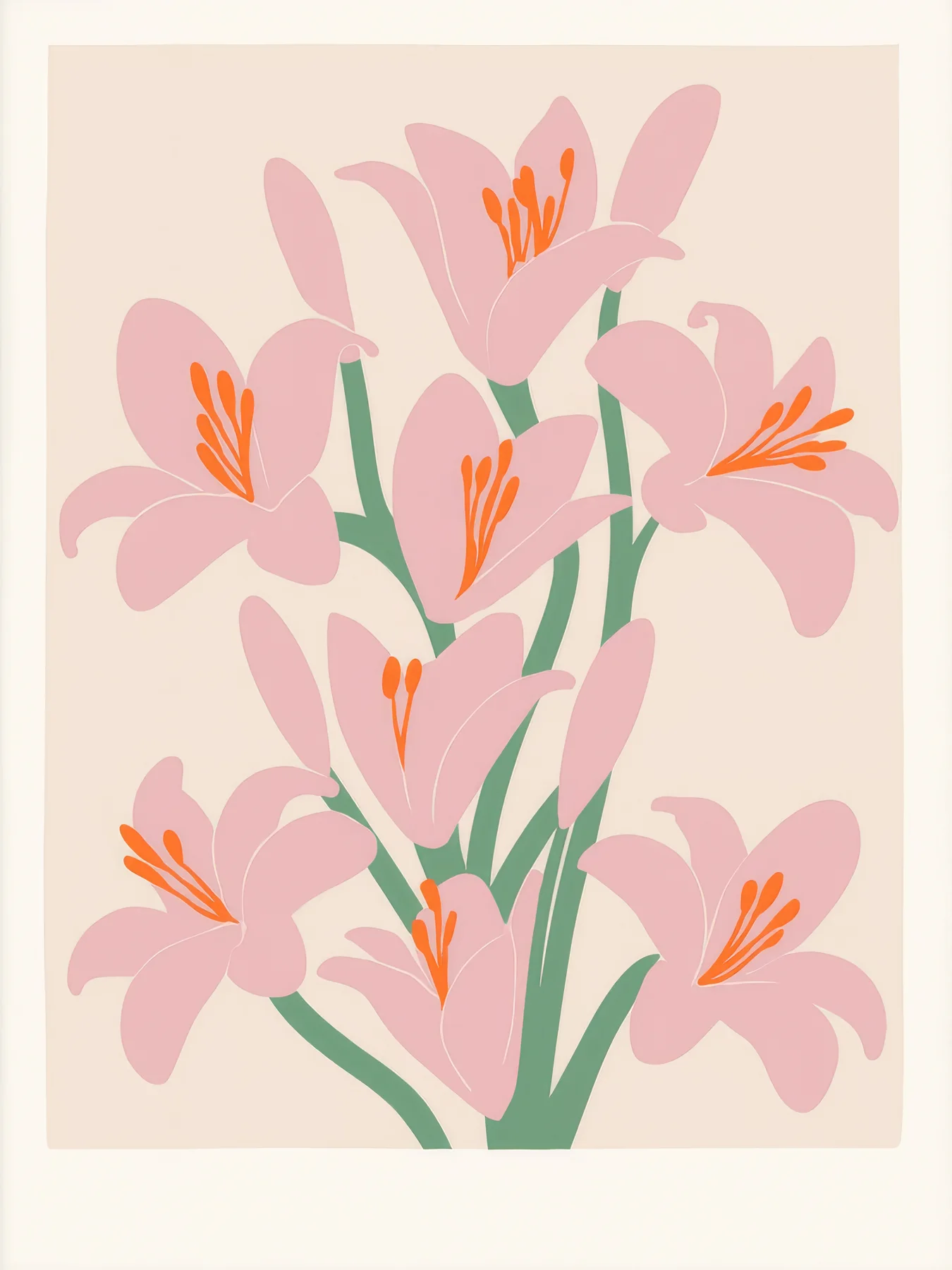 Onlly poster, Pink Flowers in a Vase: A loose bouquet of pink blossoms and green leaves rises from a simple vessel.