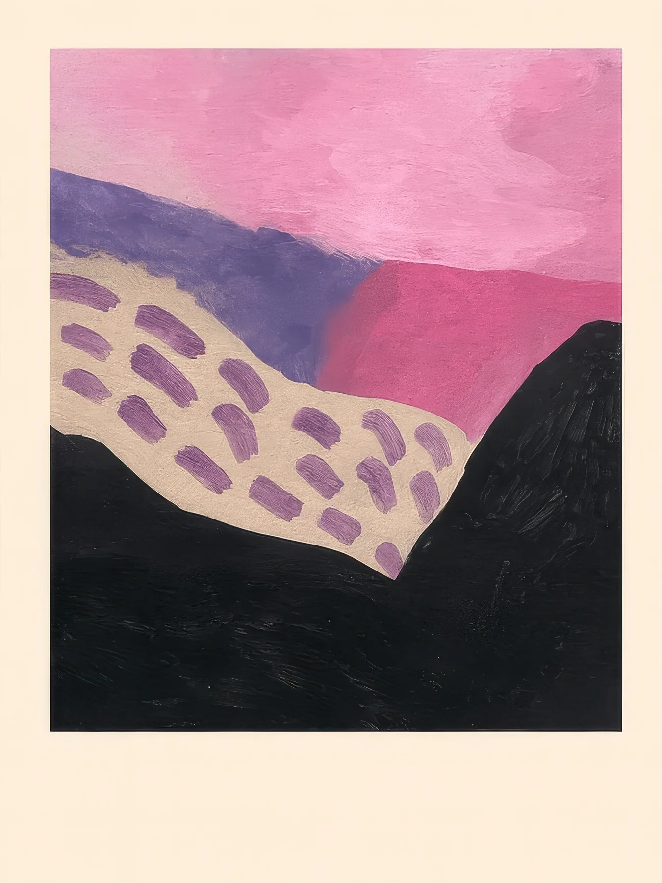 Onlly poster, Pink and Violet Coast: Layered rosy cliffs meet a dark shoreline in a quiet abstract landscape.