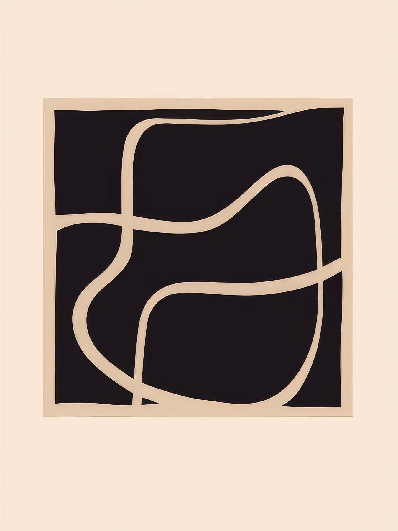 Onlly poster, Curved Lines in a Dark Frame: Cream and pale-pink abstract contours form a nested composition on black.